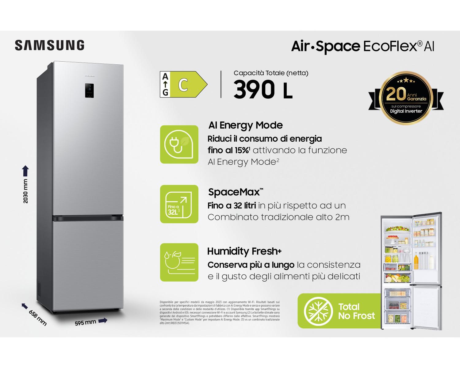Samsung Frigorifero Combinato EcoFlex AI 2m 390L RB38C674CSA