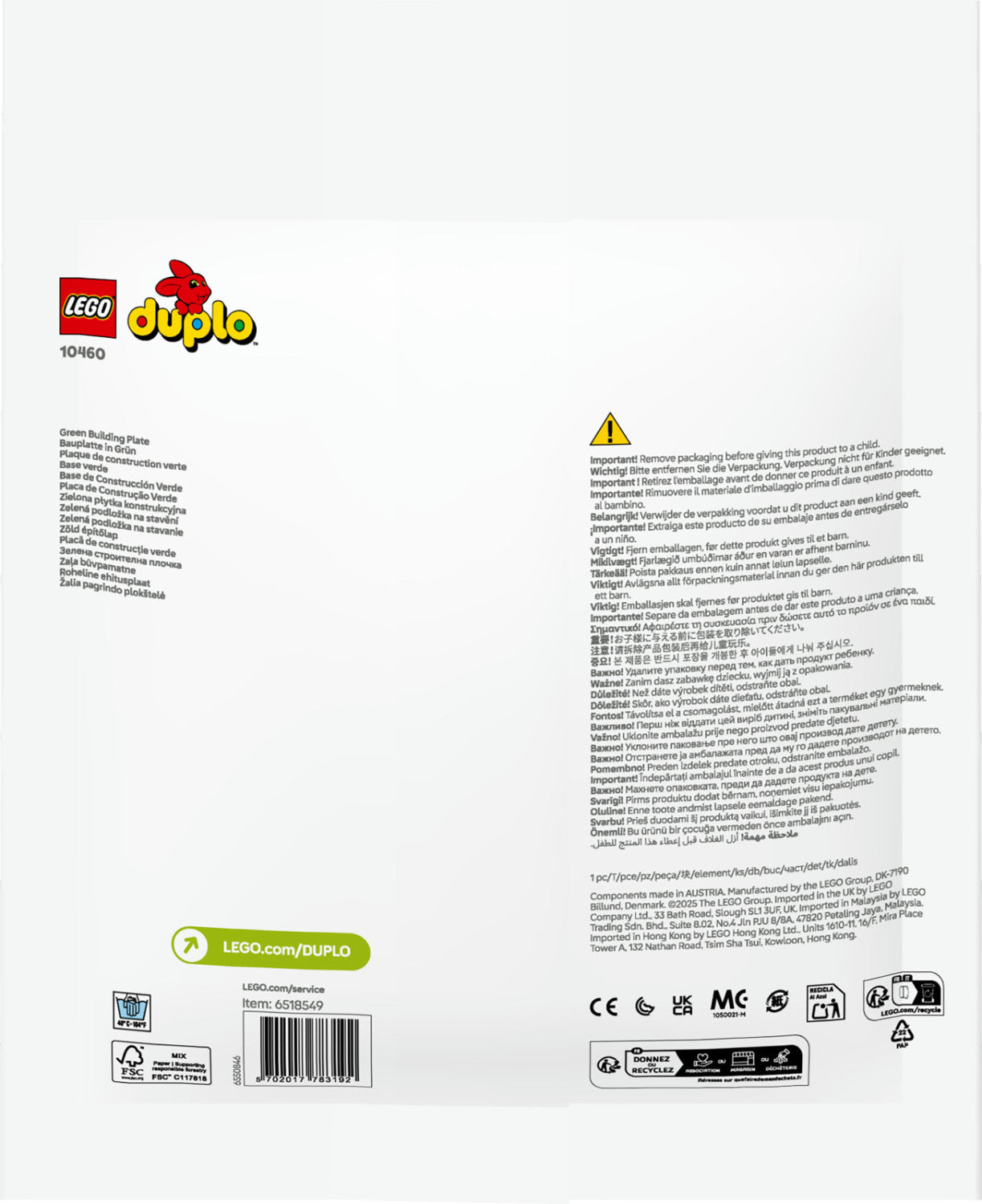 LEGO DUPLO Piastra Base Verde 10460 16x16 Bottoncini Giocattolo Costruzioni