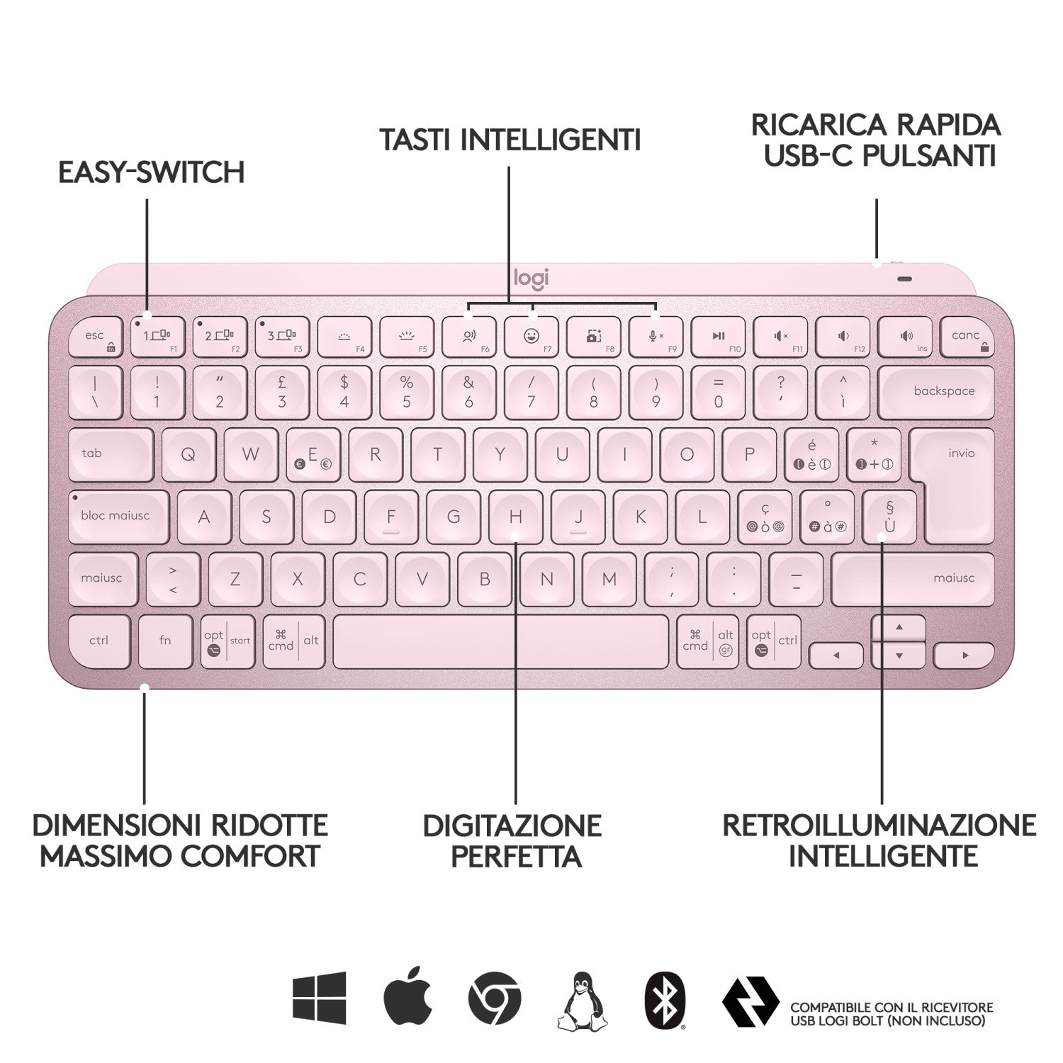 Logitech MX Keys Mini Tastiera Illuminata Wireless, Minimal, Compatta, Bluetooth, Retroilluminata, USB-C, Compatibile con Apple macOS, iOS, Windows, Linux, Android, in Metallo