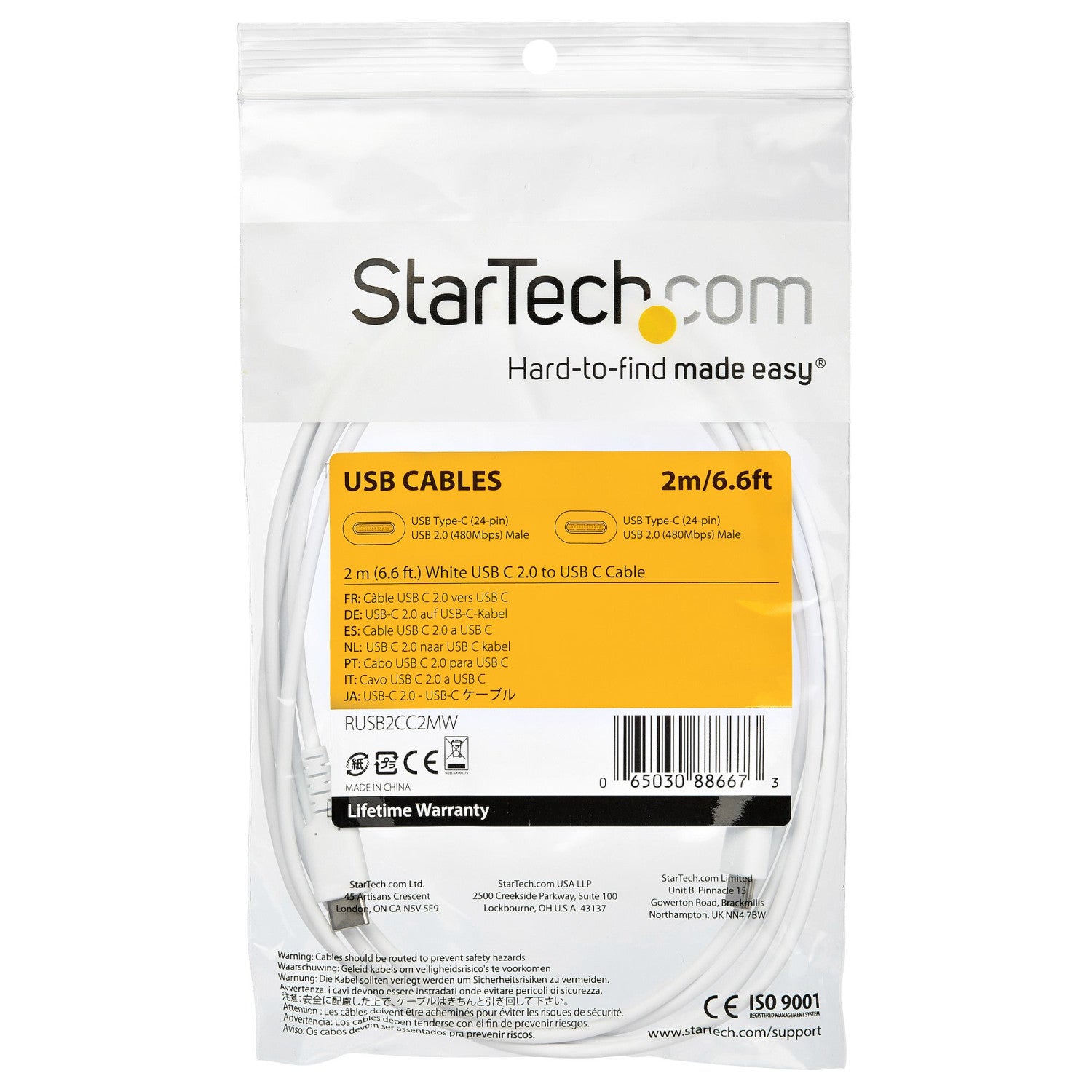 StarTech.com Cavo di Ricarica USB-C da 2m - Resistente Cavetto USB-C di Ricarica Veloce e Sync da USB 2.0 a USB Type C - Rivestimento in TPE e Fibra Aramidica M/M 60W Bianco, Samsung S10/S20/Ipad Pro/MS Surface
