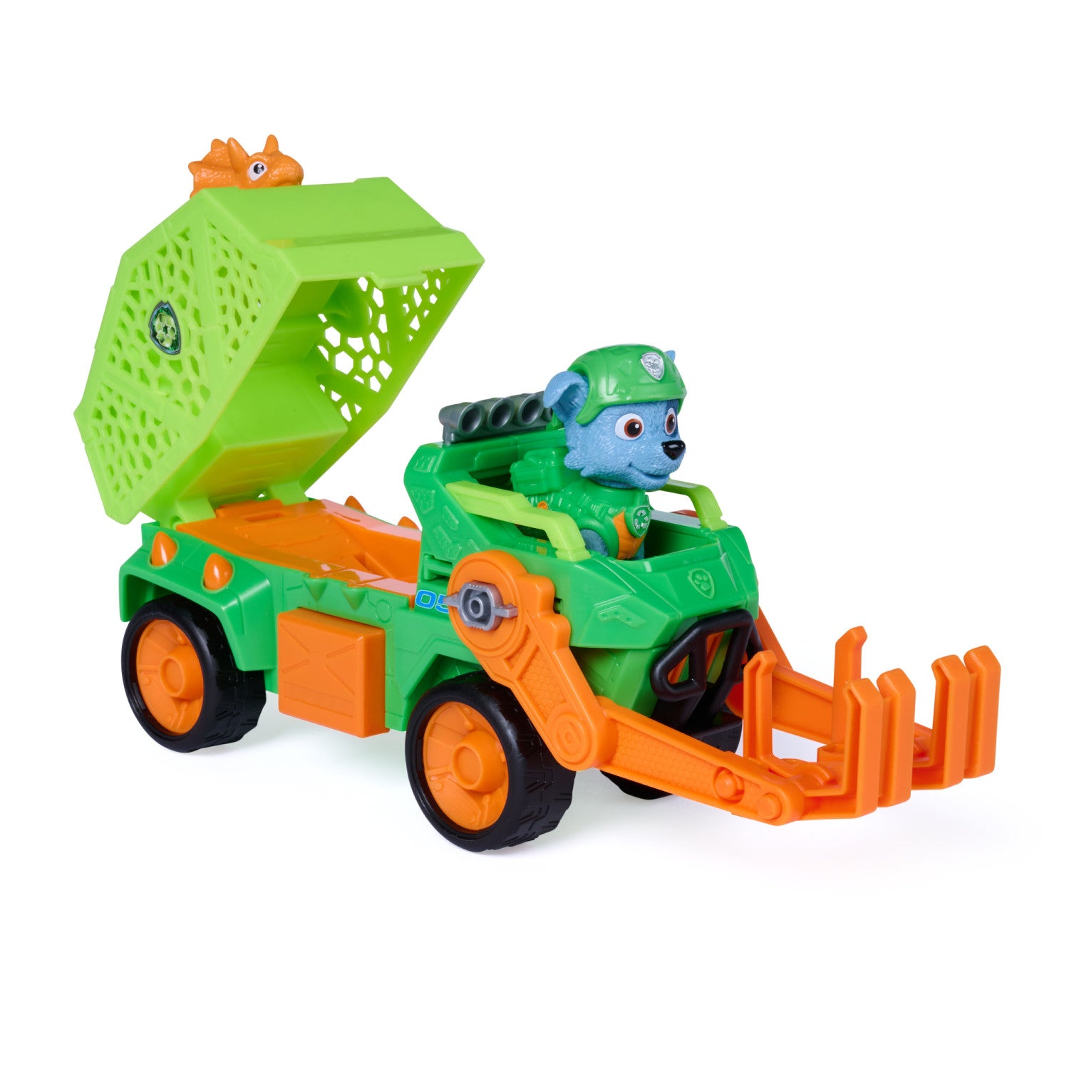 PAW Patrol : The Dino Movie, Rocky Dino Rescue Recycler con compartimento segreto e tenaglia funzionante, 2 action figure e un veicolo, giocattoli per bambine e bambini dai 3 anni in su