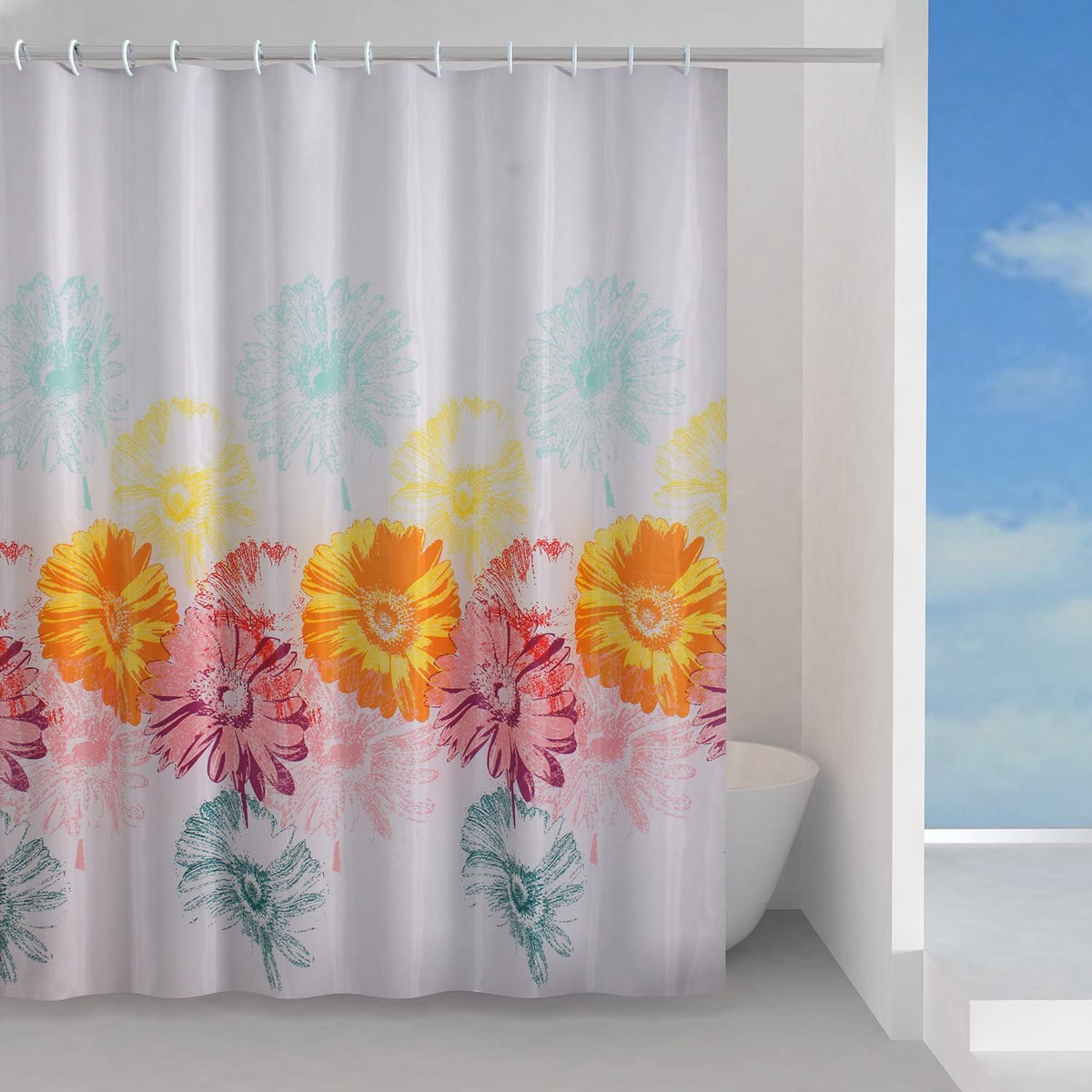 Gedy Frenesia Tenda Da Doccia In Tessuto Poliestere Con Disegno Floreale Rosa Giallo E Turchese 180x200 Cm
