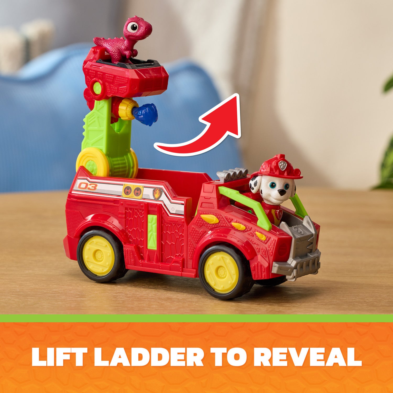 PAW Patrol : The Dino Movie, camion dei pompieri Marshall Dino Rescue con lanciamissili rotante a 360 con 2 action figure, giocattoli per bambine e bambini dai 3 anni in su