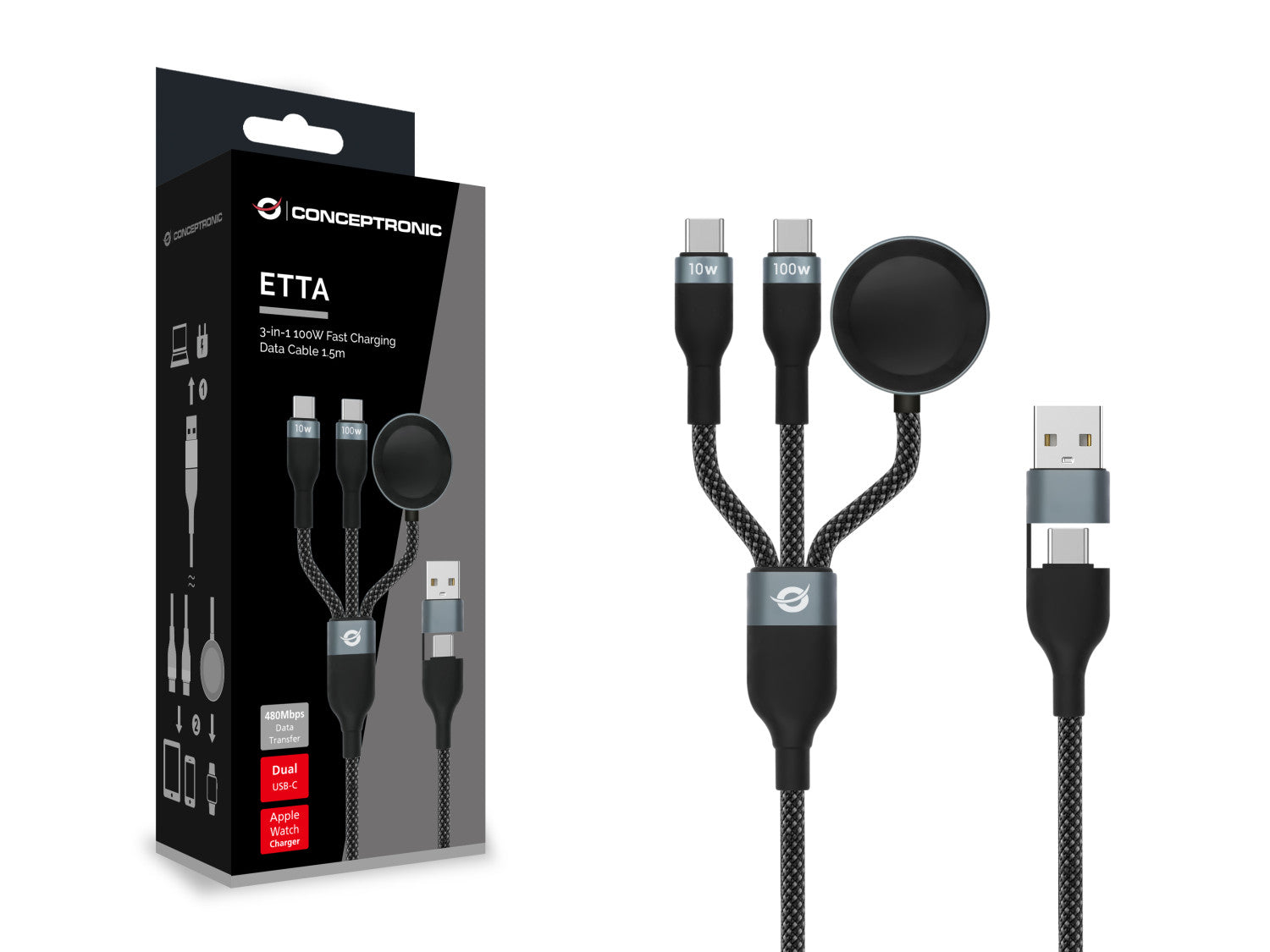 Conceptronic ETTA08B15 cavo USB USB 2.0 1,5 m USB A 2 x USB C Nero