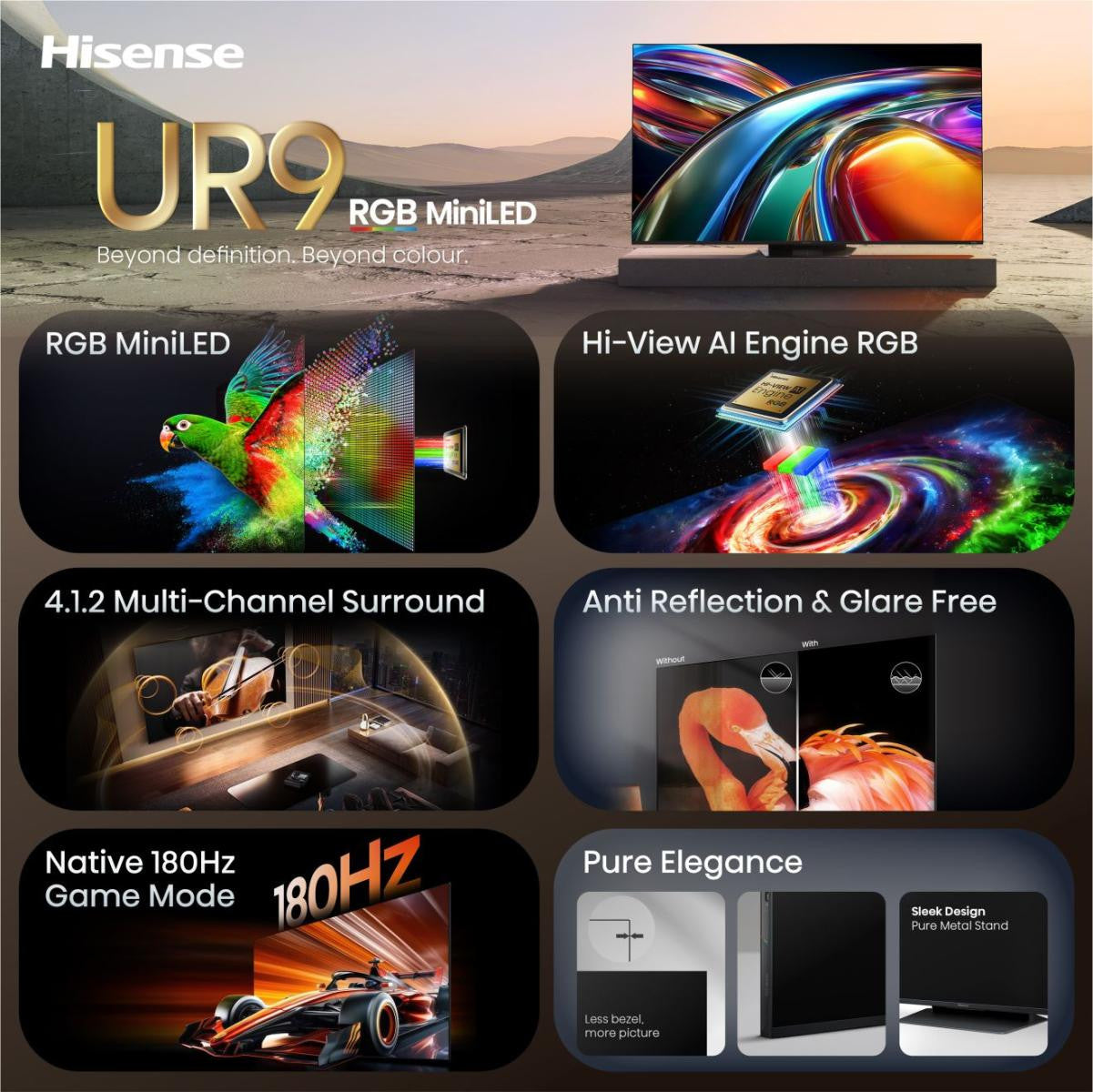 Hisense Smart TV RGB MiniLED 180Hz 75" 4K 75UR9S, Schermo Anti-Riflesso, 100 BT2020, Dolby Atmos 4.1.2 By Devialet, Dolby Vision IQ, VIDAA OS, USB-C, Native 180Hz Game Mode, Wifi 6E, BT, lativù 4K