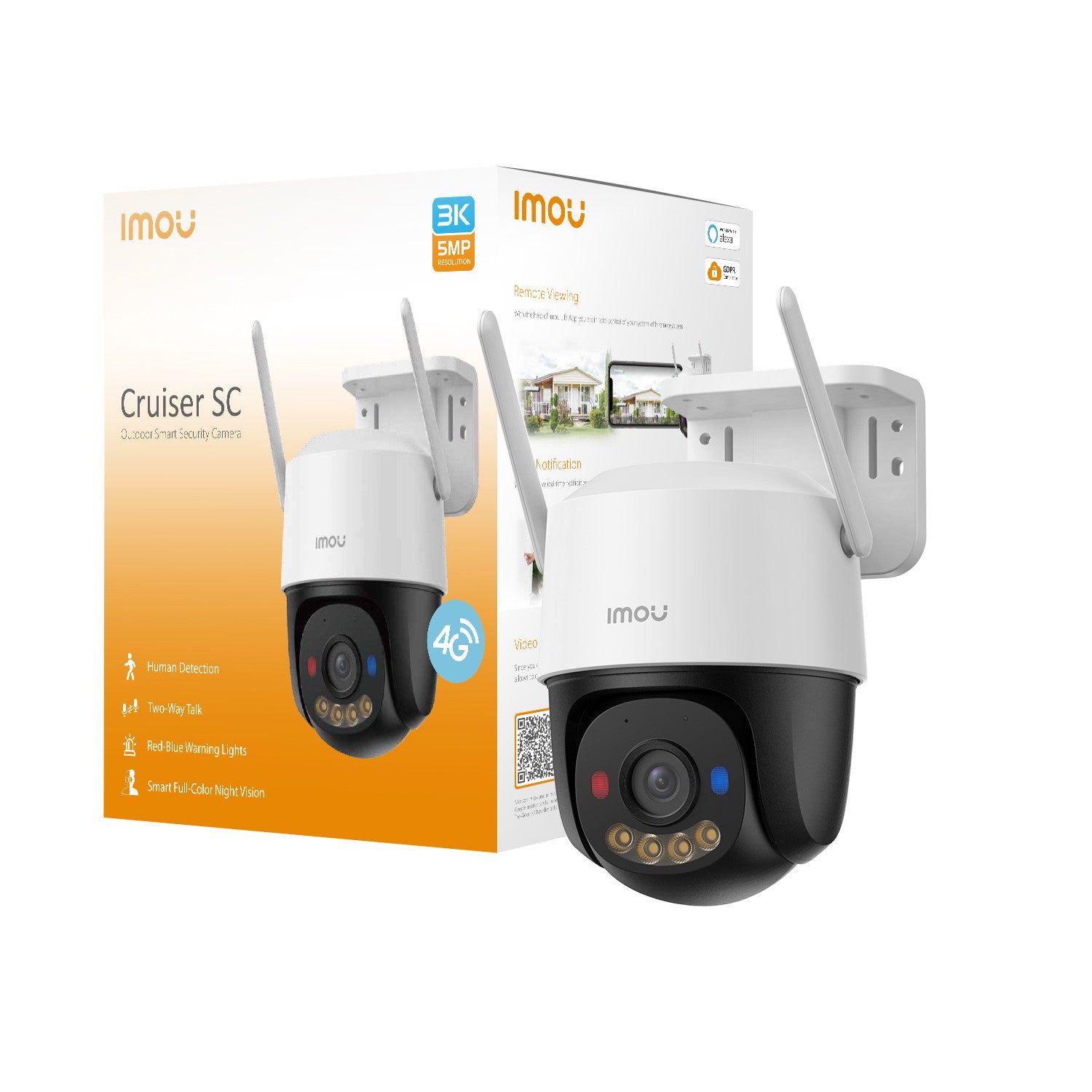 Imou Cruiser SC 4G 2K (3MP) - Telecamera 4G da esterno Motorizzata 360gradi- Visione Notturna a Colori, IP66, Tracciamento Intelligente, Rilevamento Umano, Deterrenza attiva (Faretto, Luci Blue e Rosse e Sirena, Audio Bidirezionale