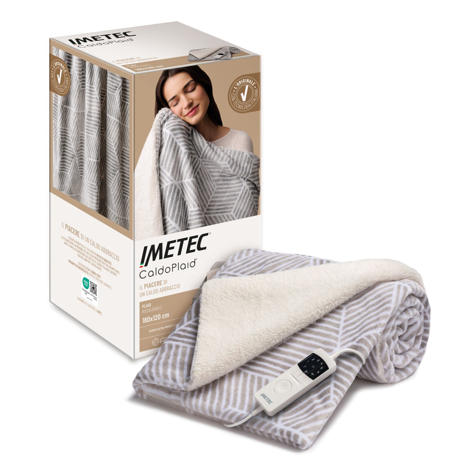Imetec CaldoPlaid Adapto Plus Velvet Sherpa 160x120 cm, Plaid riscaldabile, Morbida Coperta elettrica, Tecnologia Adapto Plus, Sistema Sicurezza ElectroBlock, Caldo Subito, 6 Temperature, Bassi Consumi, Lavabile