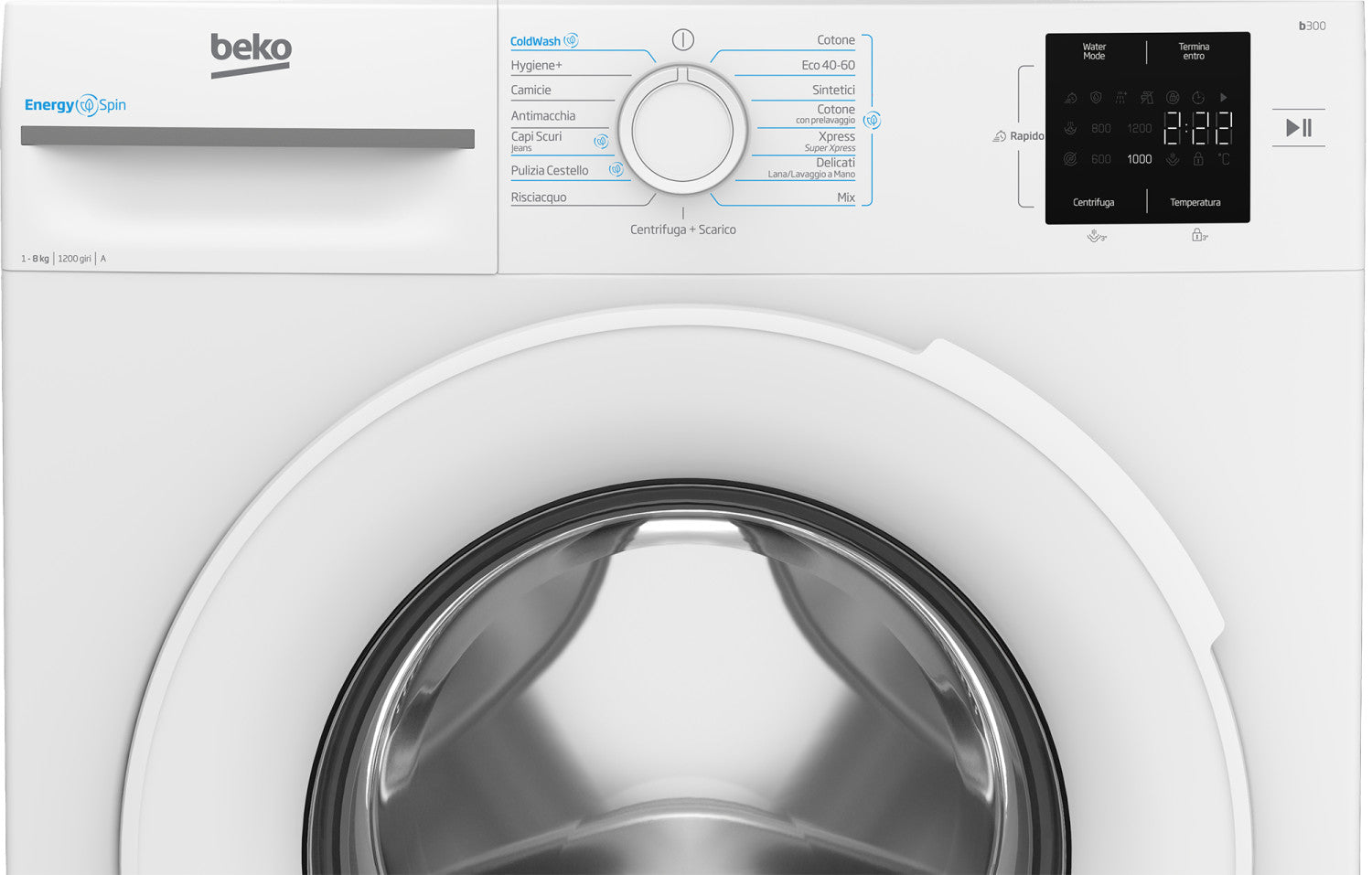Beko b300 BMWRU3821W: Lavatrice 8kg, Classe A, 1200giri, linea estetica NX, motore inverter, Display Touch, oblò bianco, tecnologia EnergySpin