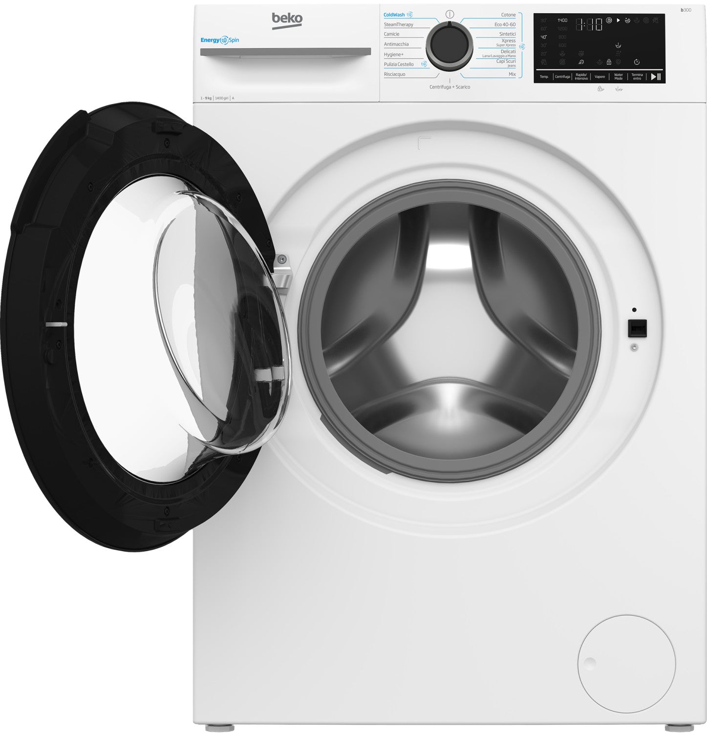 Beko b300 BMW9149DB: Lavatrice 9kg, classe A-30 , 1400giri, linea estetica NX, motore inverter, display touch, porta nera, tecnologia EnergySpin , funzione vapore
