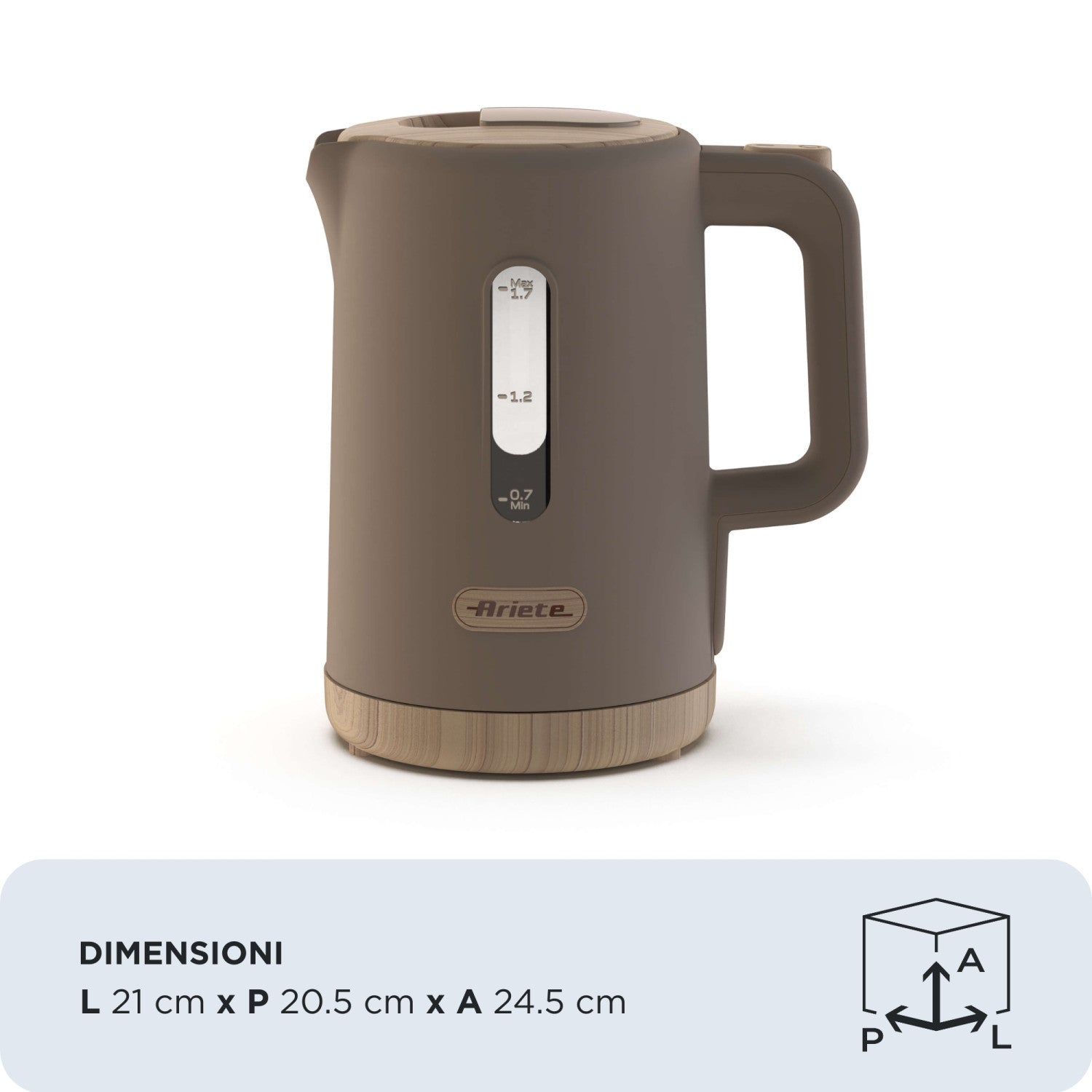 Ariete 2846 Bollitore Breakfast Wood, Bollitore Elettrico Cucina, 2200W, Capacità 1.7L, Effetto Legno, Base Cordless 360°, Spegnimento Automatico, Tortora