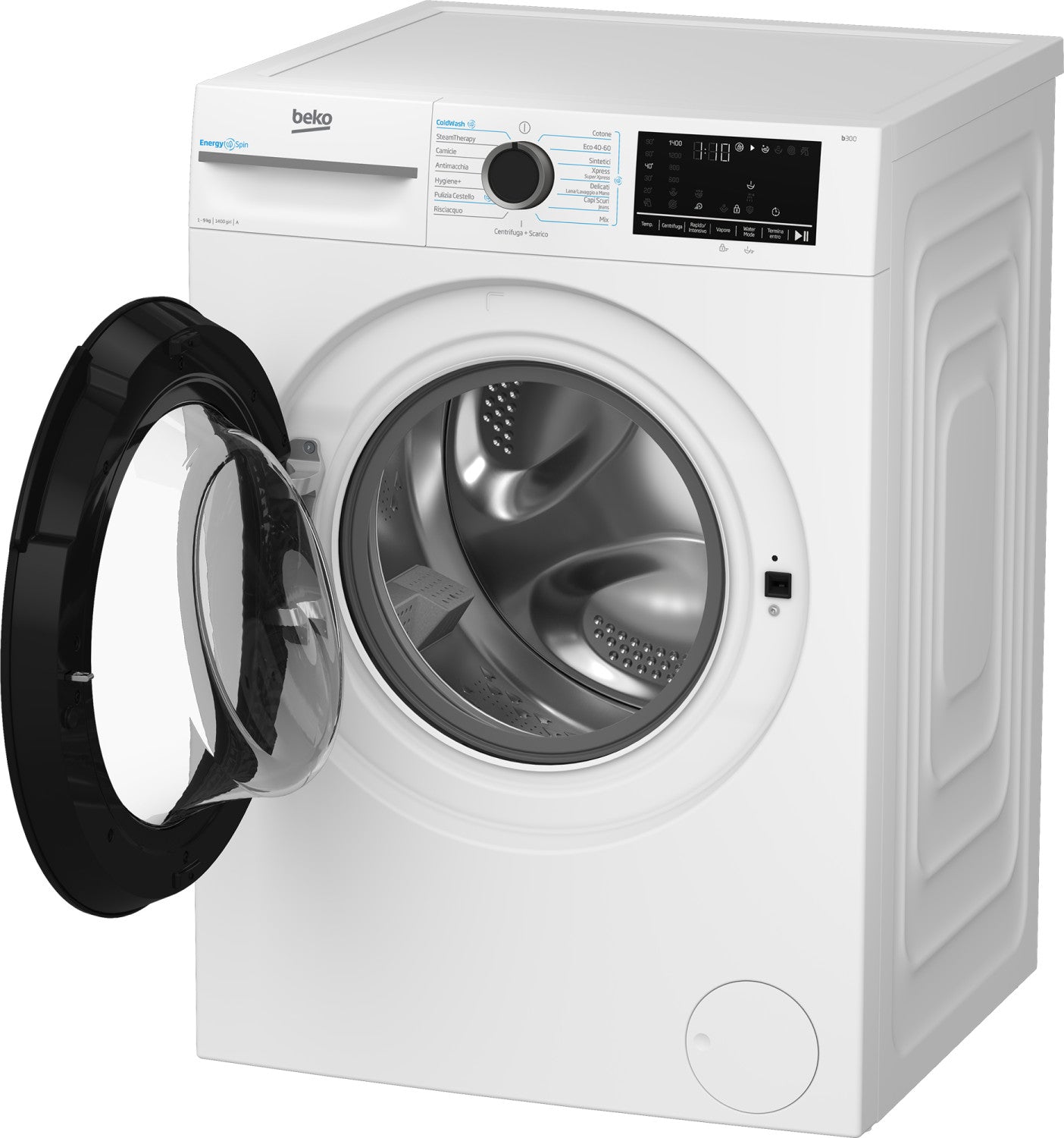Beko b300 BMW9149DB: Lavatrice 9kg, classe A-30 , 1400giri, linea estetica NX, motore inverter, display touch, porta nera, tecnologia EnergySpin , funzione vapore