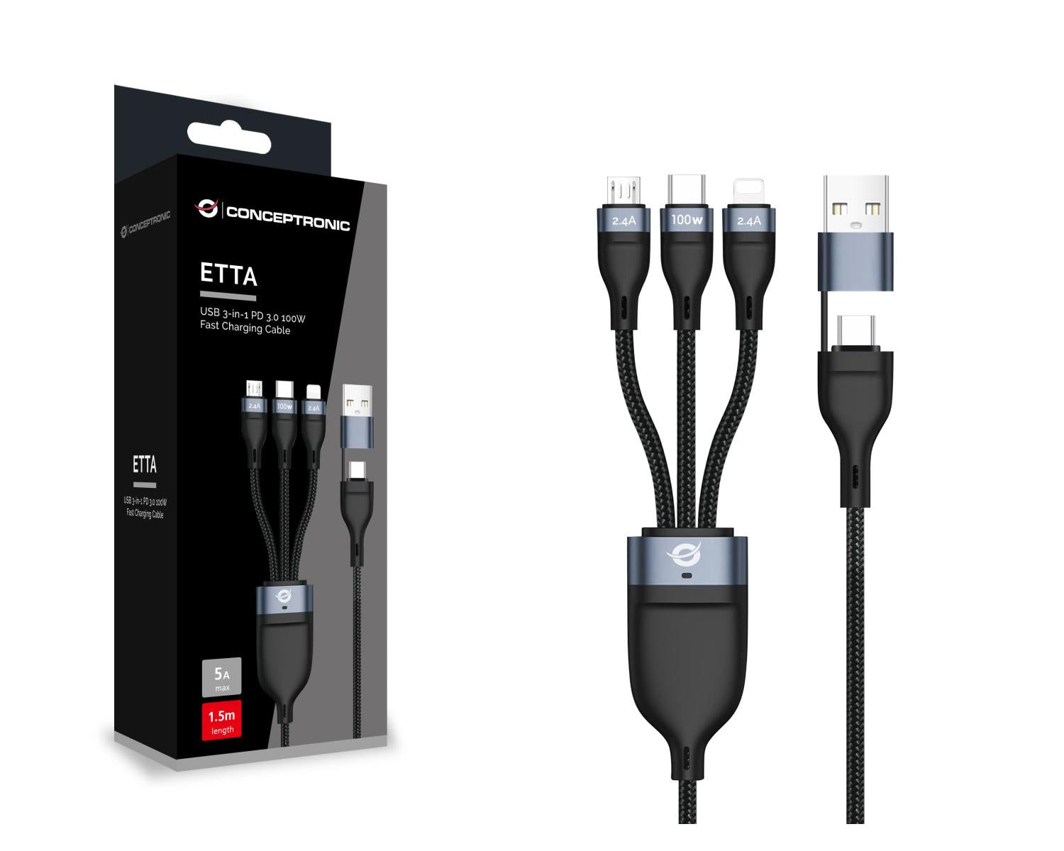 Conceptronic ETTA06B15 cavo USB USB 2.0 1,5 m USB C USB C/Micro-USB B/Lightning Nero