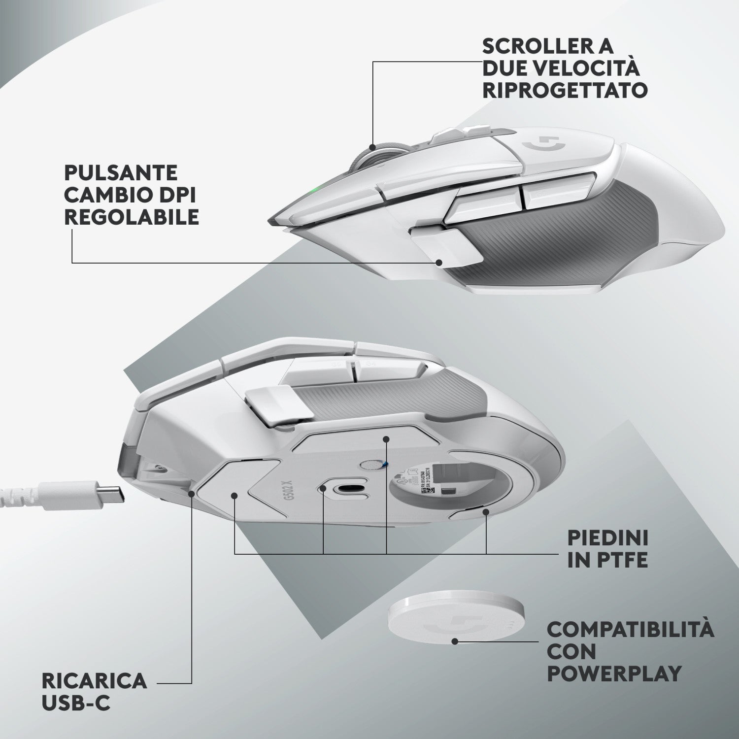 Logitech G G502 X Lightspeed Mouse Mano Destra RF Wireless Ottico 25600 DPI Bianco