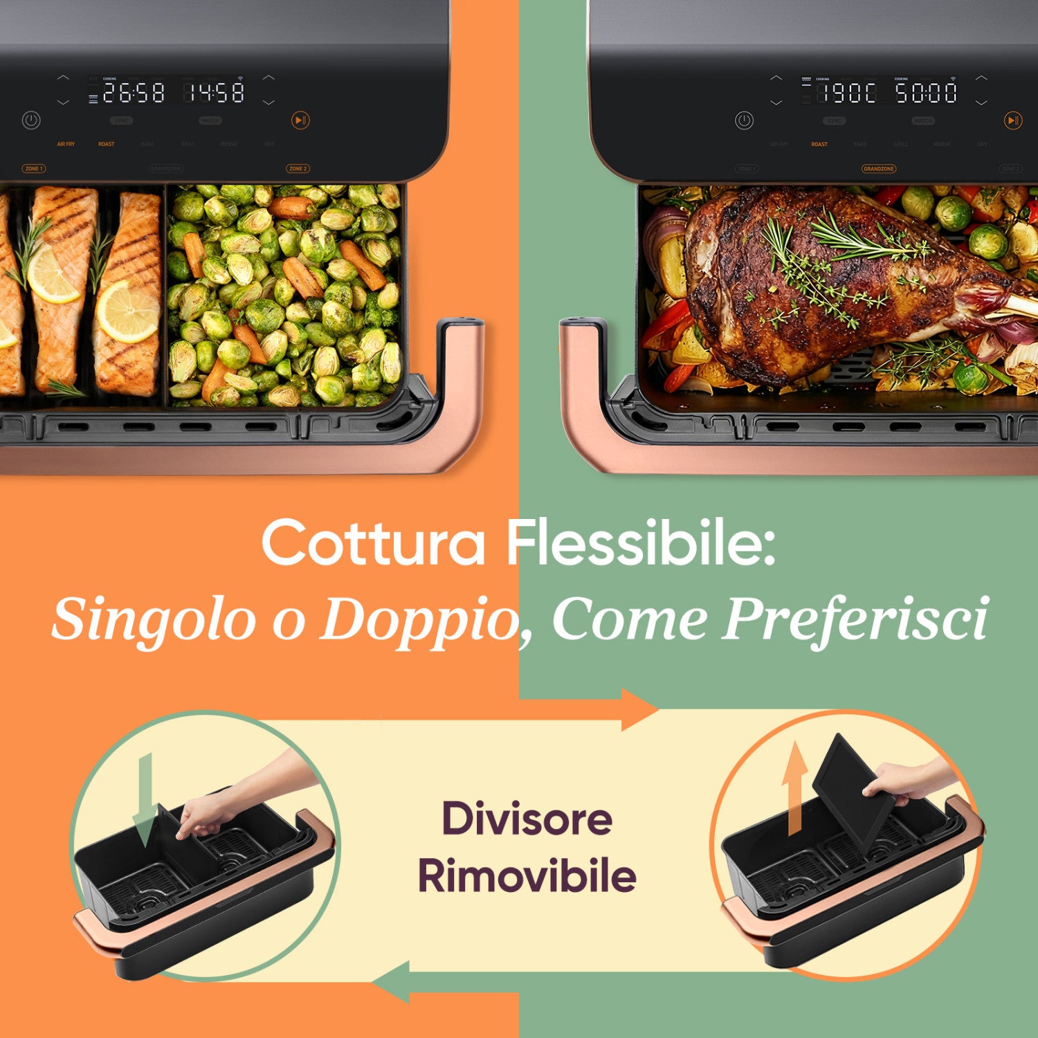 Cosori FRIGGITRICE AD ARIA Dual Blaze Twinfry™ Chef Edition, 2800W, 10 Litri, Funzioni 7 in 1, Doppia Resistenza, Doppio Cestello 5L&5L e Separatore Rimovibile, WiFi, 40-240℃, Grigio scuro