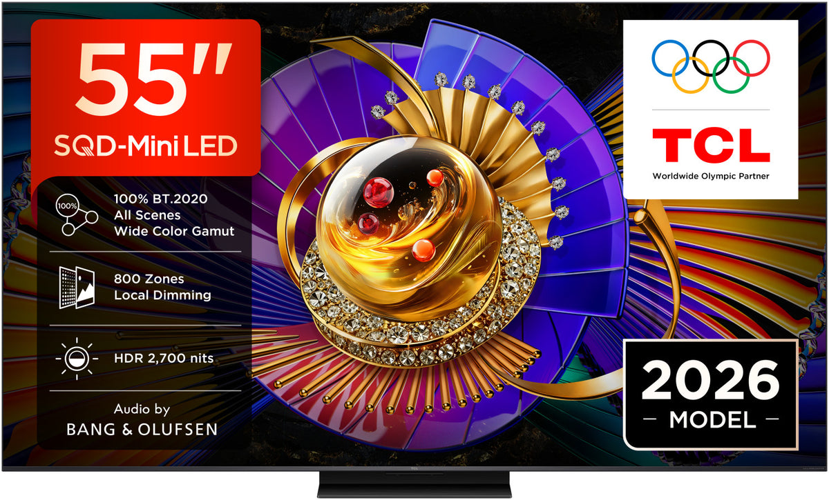 TCL C7L TV 55C7L SQD Mini LED da 55", 4K HDR, 2700 nit, 800 zone di dimming, Google TV, 144Hz, Dolby Vision Atmos, Audio Bang Olufsen