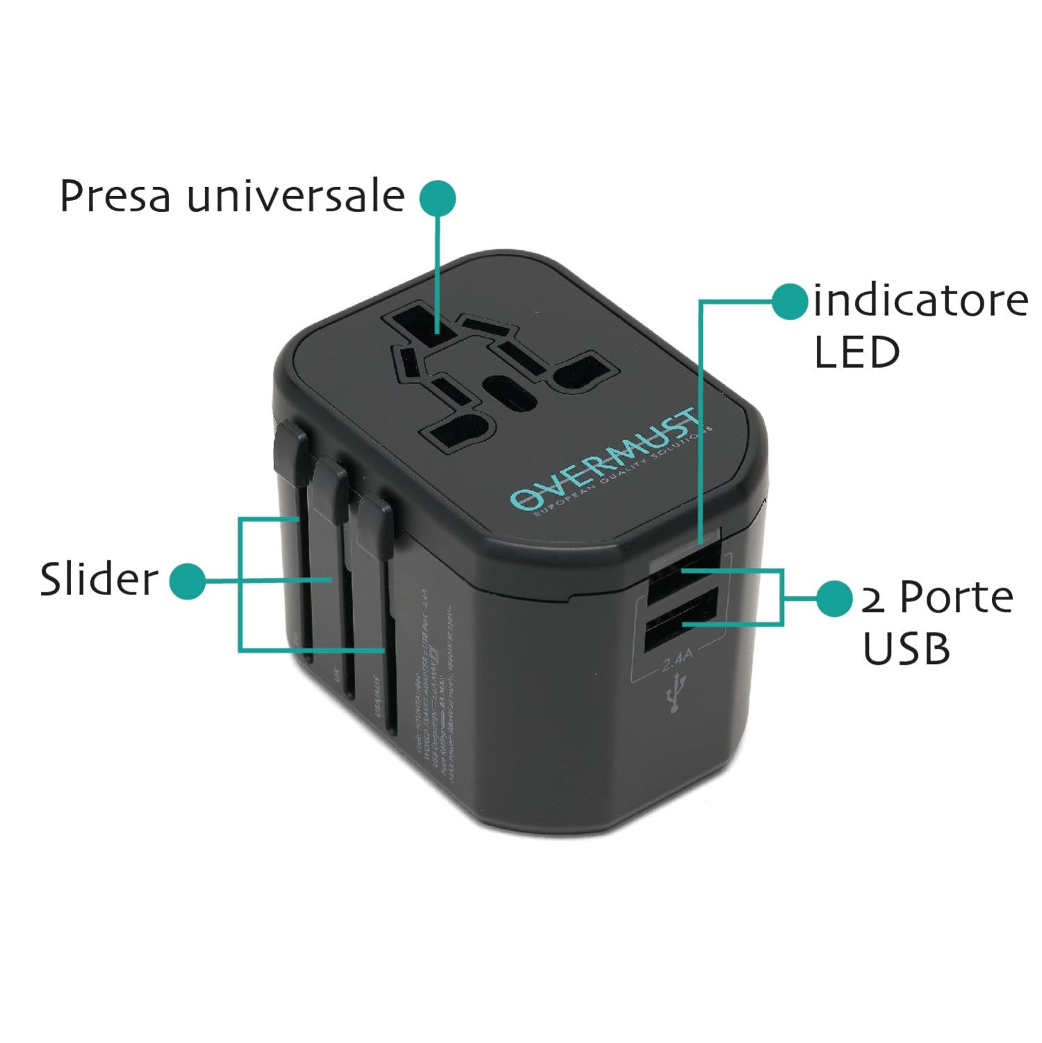 Overmust Adattatore Universale Da Viaggio 2 Porte USB UK/EU/USA/AUS 110-240V Doppio Fusibile 8A