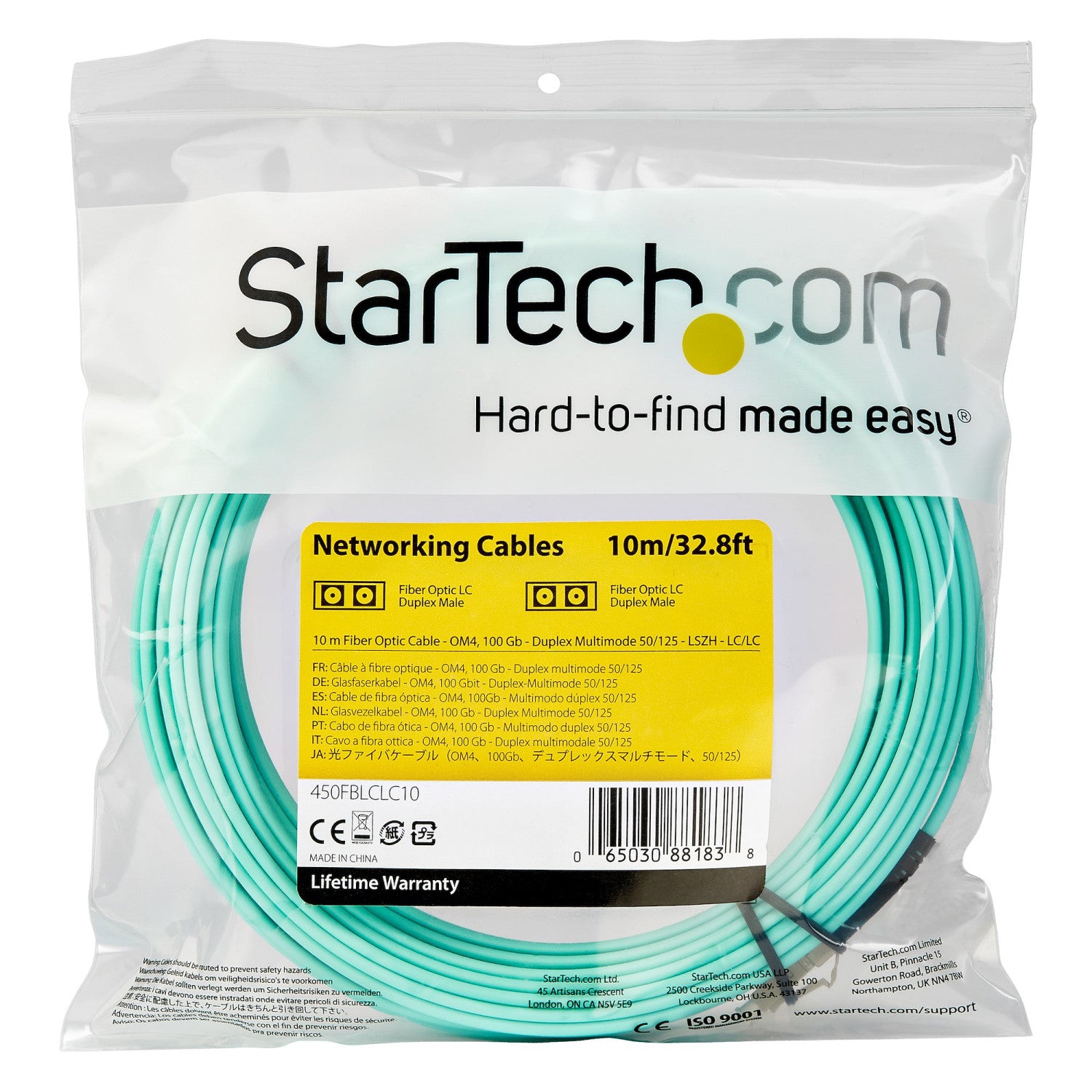 StarTech.com Cavo in fibra ottica multimodale da LC/UPC a LC/UPC OM4 da 10 m - Fibra LOMMF/VCSEL Zipcord da 50/125 µm, Reti 100G - Bassa perdita di inserzione - Cavo patch in fibra LSZH - Turchese