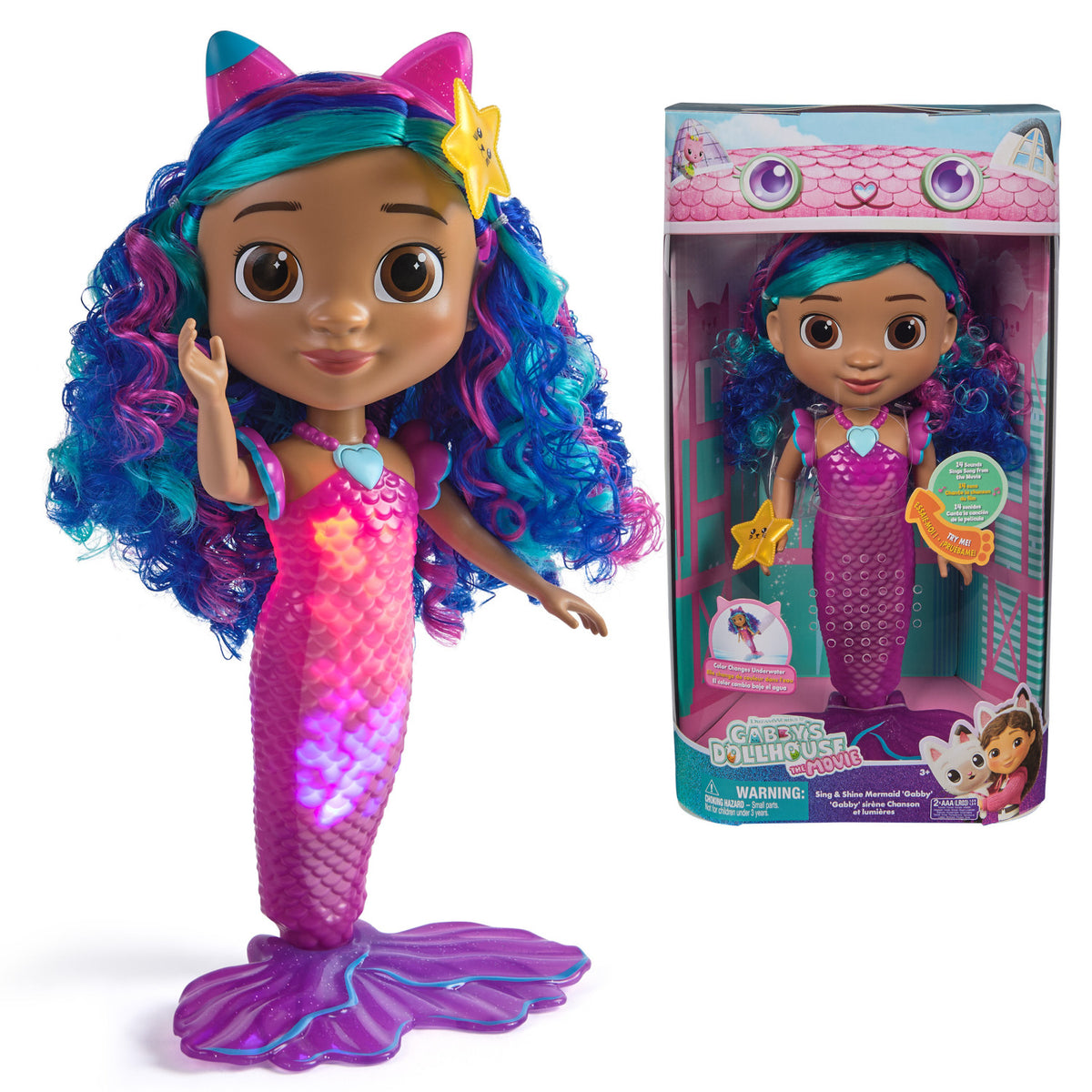 Gabby's Dollhouse The Movie Sirena Gabby che canta e si illumina, Bambola Sirena Impermeabile con Luci e Suoni Giocattolo per Bambine e Bambini dai 3 anni in su