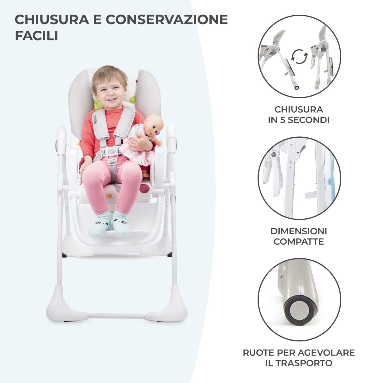 Kinderkraft Yummy Seggiolone Pappa Regolabile Pieghevole, 7 Altezze, Schienale 3 Posizioni, Cinture 5 Punti, 6 Mesi-3 Anni, Grigio