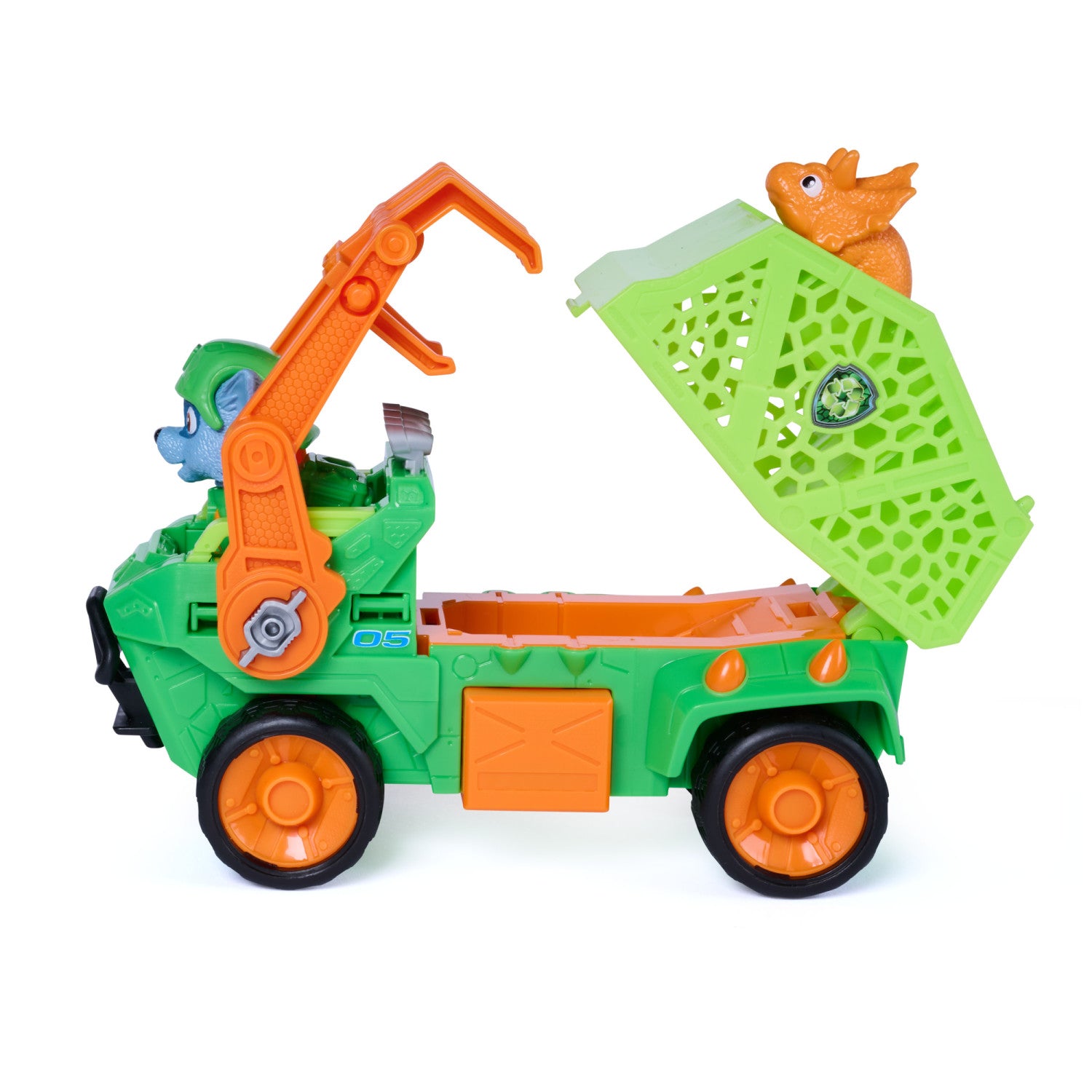 PAW Patrol : The Dino Movie, Rocky Dino Rescue Recycler con compartimento segreto e tenaglia funzionante, 2 action figure e un veicolo, giocattoli per bambine e bambini dai 3 anni in su