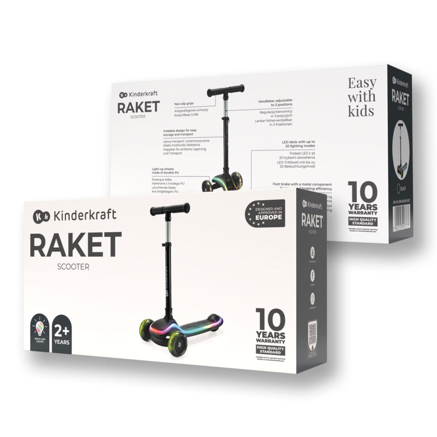 Kk Kinderkraft Raket Monopattino Bambini 3 Ruote Con Luci Led Rgb, Pieghevole, Manubrio Regolabile, 2 Anni, Nero