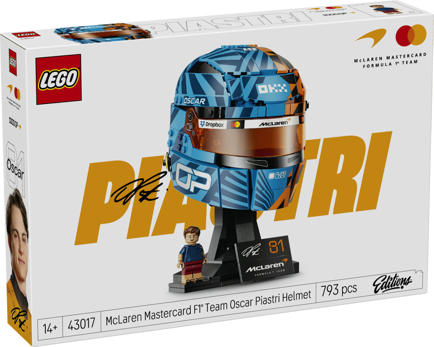 LEGO Editions 43017 Casco Di Oscar Piastri McLaren Mastercard F1 Team, Gadget F1 Con Minifigure Da Collezione, Regalo Da 14