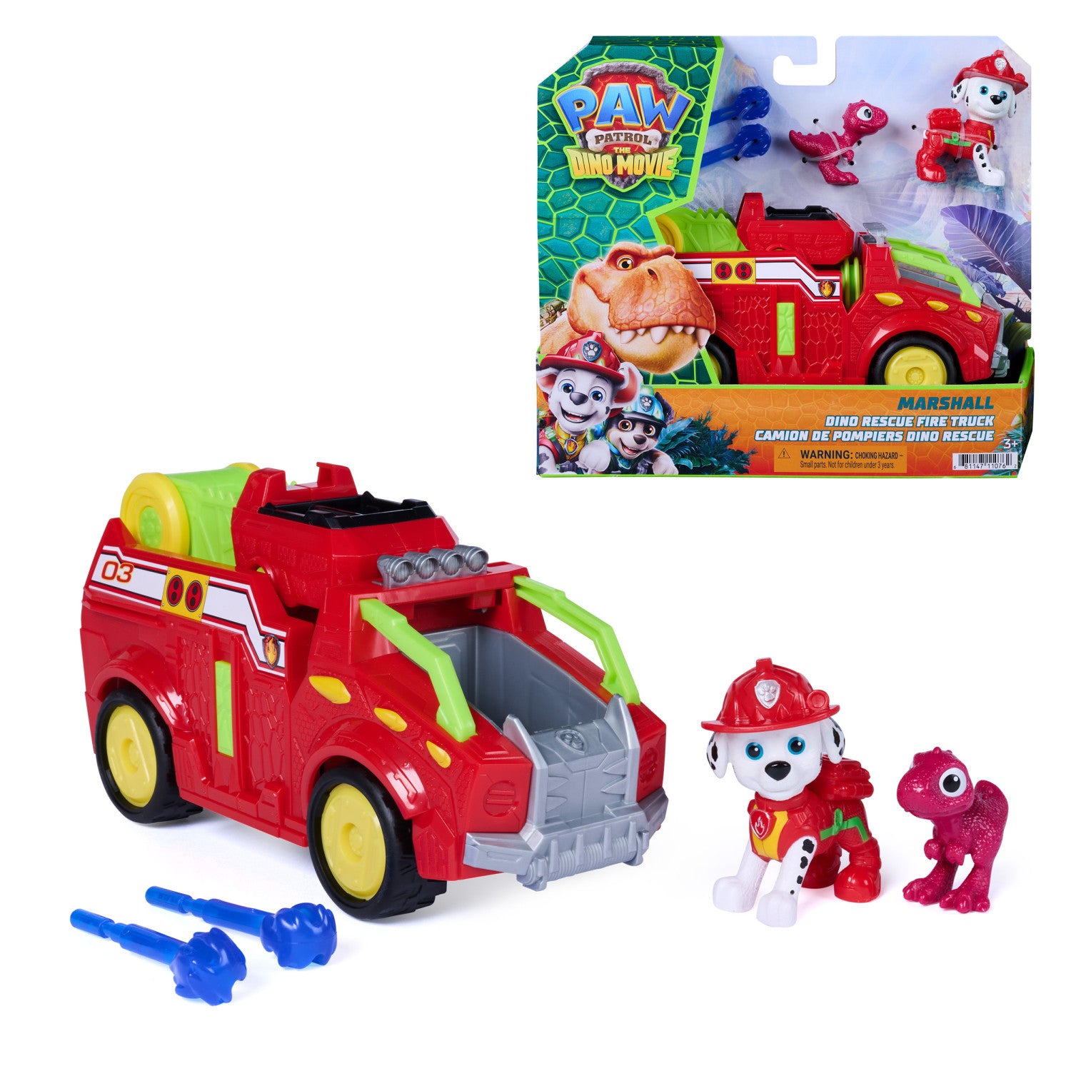 PAW Patrol : The Dino Movie, camion dei pompieri Marshall Dino Rescue con lanciamissili rotante a 360 con 2 action figure, giocattoli per bambine e bambini dai 3 anni in su