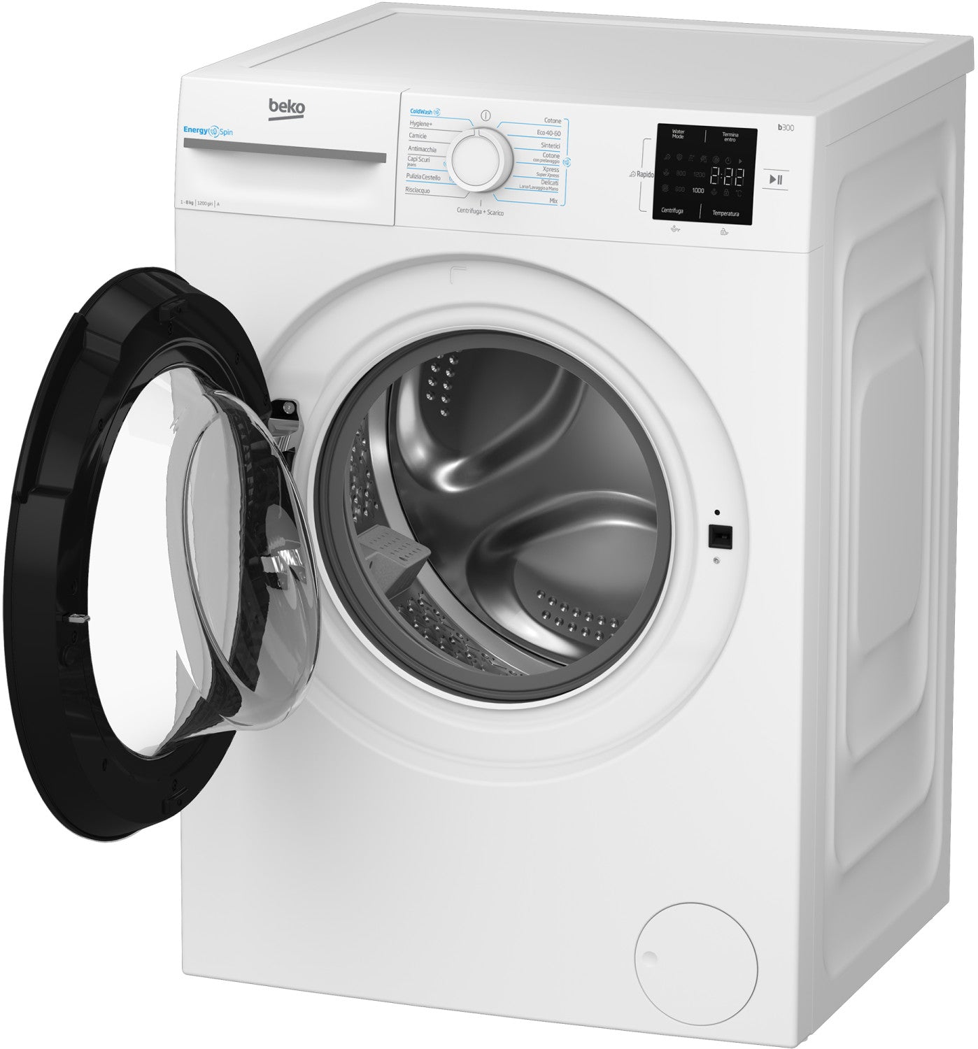 Beko b300 BMWRU3821W: Lavatrice 8kg, Classe A, 1200giri, linea estetica NX, motore inverter, Display Touch, oblò bianco, tecnologia EnergySpin