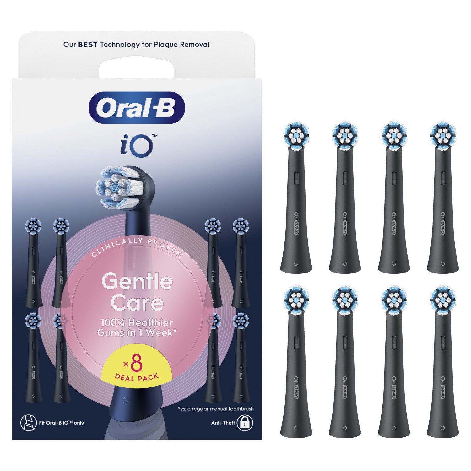 Oral-B iO Series Gentle Care Black, Original Replacement Round Brush Heads, Suitable for Sensitive Gums, 8
