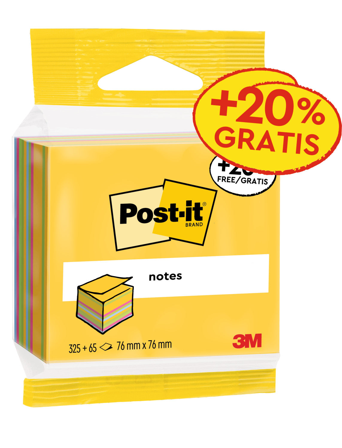 Post-It Cubo di foglietti, 76 mm x 76 mm, colori Neon - 325 fogli 20 gratis