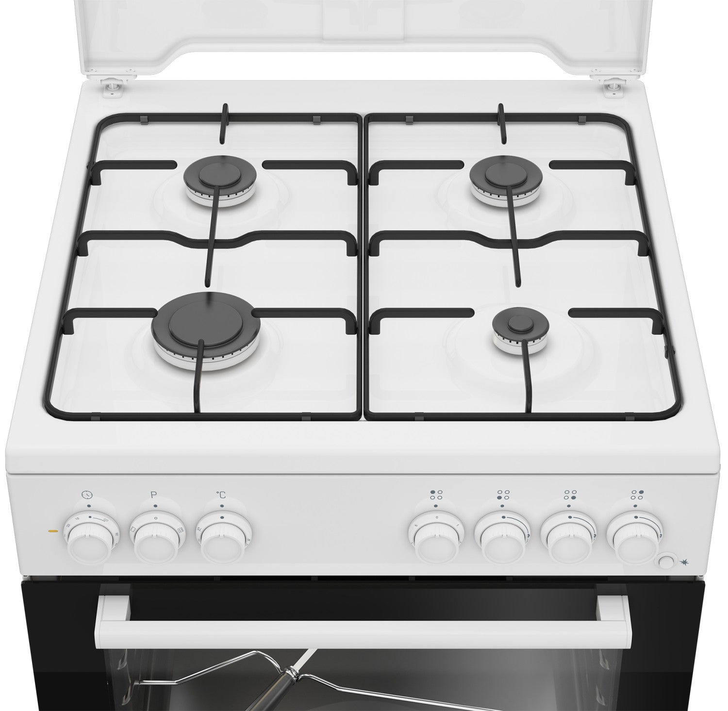 Beko Cucina a gas con Forno Elettrico Statico con Grill Elettrico e Timer,coperchio in metallo, ventilazione tangenziale, Classe A, Bianco