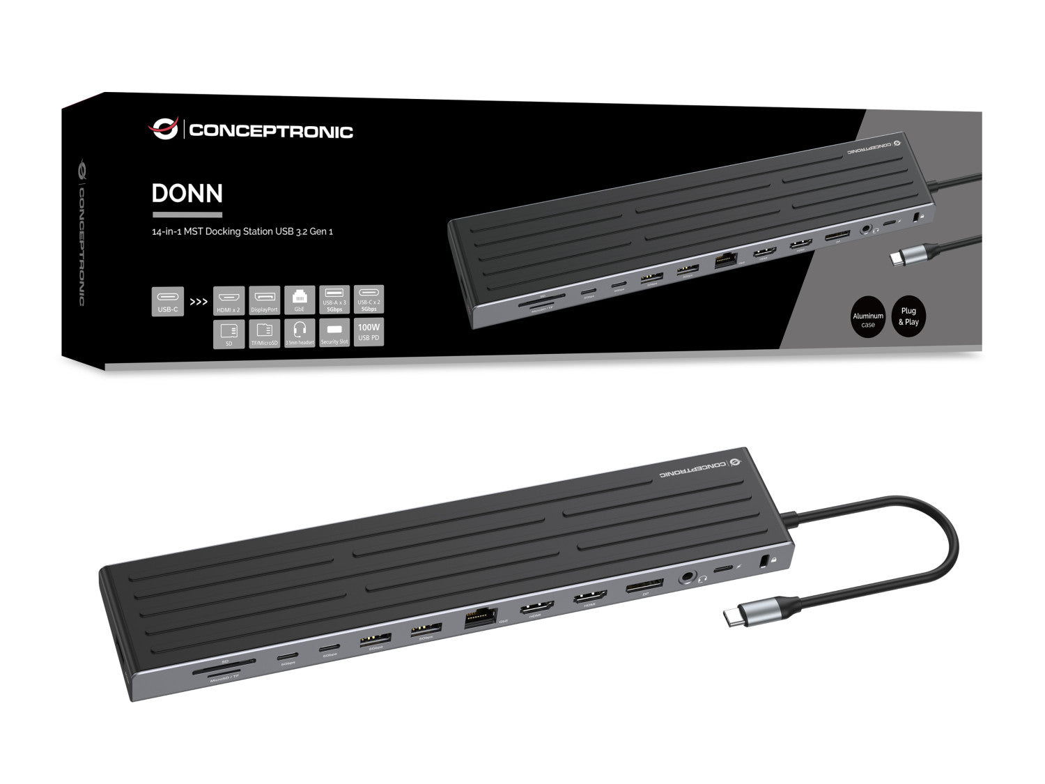 Conceptronic DONN32B replicatore di porte e docking station per laptop Cablato USB 3.2 Gen 1 (3.1 Gen 1) Type-C Grigio, Argento
