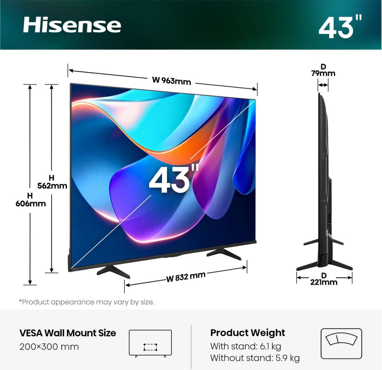Hisense Smart TV 43 pollici 4K TV 43A6S, 60Hz, DTS Virtual X, VIDAA OS con 1000 APP, HDR 10 , Game Mode Plus, Bluetooth, Wifi, Alexa Built-in, AirPlay2, lativù 4K