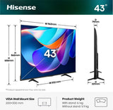 Hisense Smart TV 43 pollici 4K TV 43A6S, 60Hz, DTS Virtual X, VIDAA OS con 1000 APP, HDR 10 , Game Mode Plus, Bluetooth, Wifi, Alexa Built-in, AirPlay2, lativù 4K