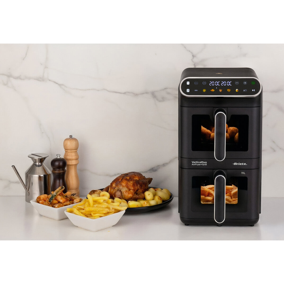 Ariete 4640 Air Fryer Vertical Duo - Friggitrice Ad Aria Doppia Verticale, 11L, 2460W, 6 Programmi, Funzioni Sync E Dual, Fino A 200 C, Nera