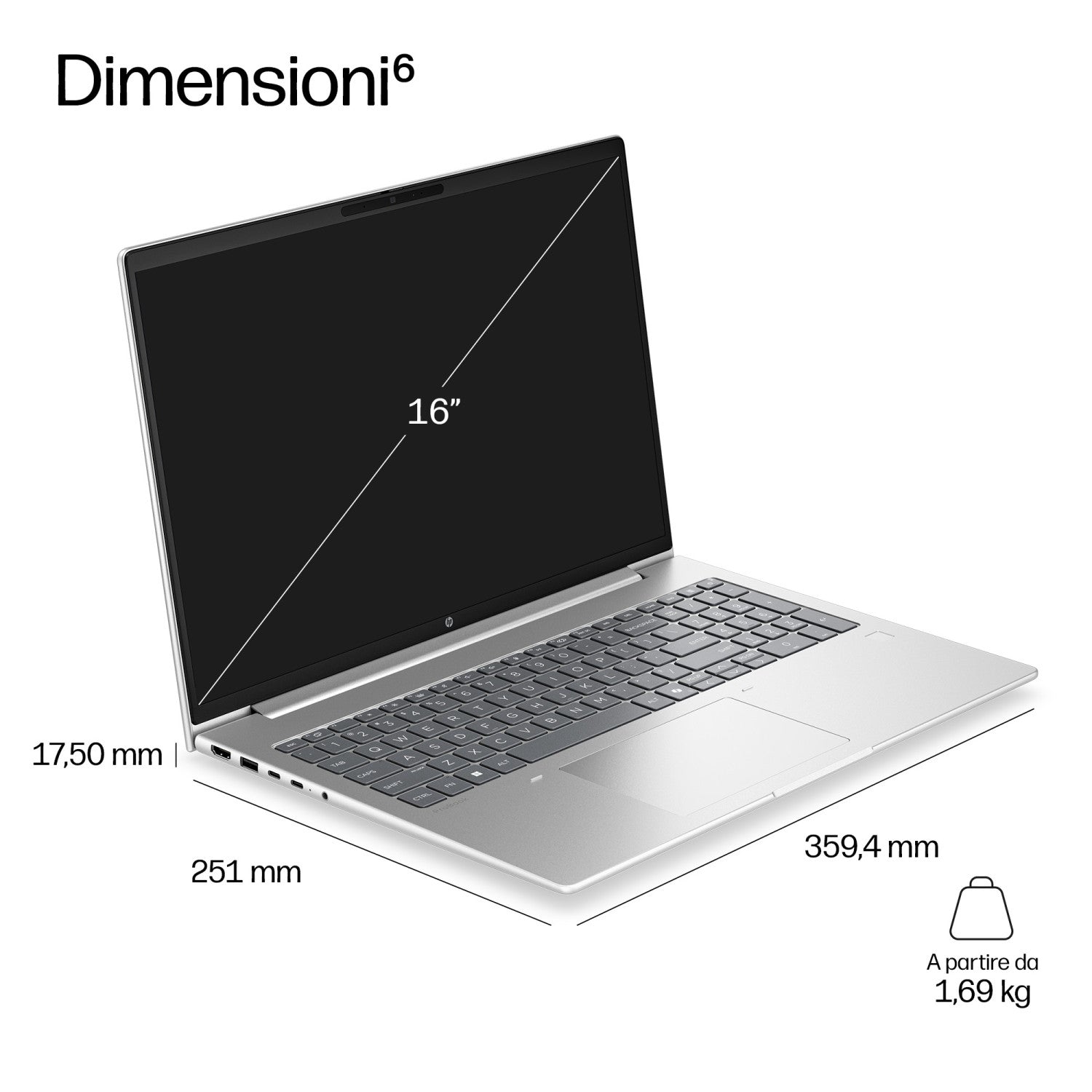 HP DQ6M7AT laptop Intel Core 7 350 Computer portatile 40,6 cm (16") WUXGA 32 GB LPDDR5x-SDRAM 512 GB SSD Wi-Fi 7 (802.11be) Windows 11 Pro AI PC Argento