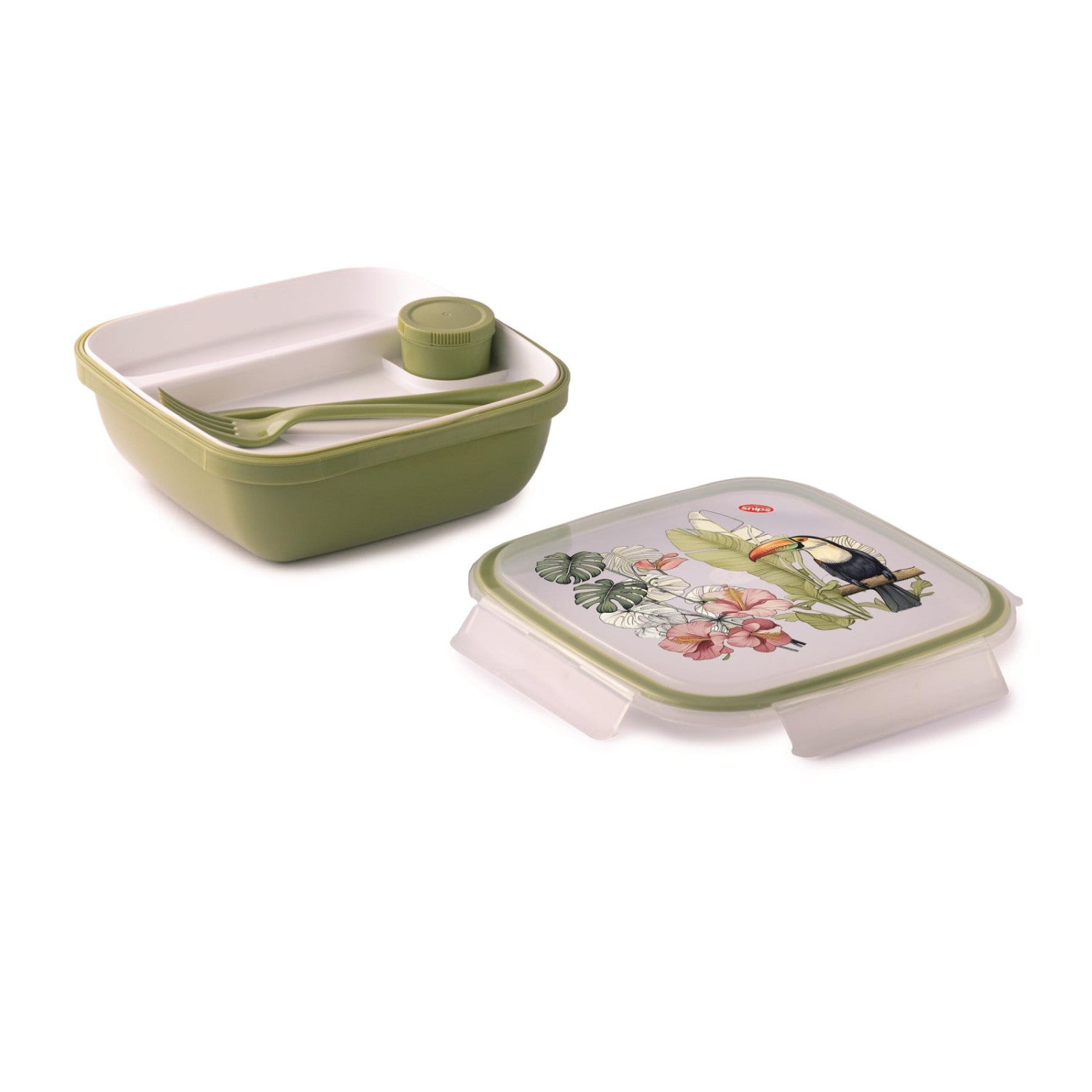 Snips Fresh Lunch Box Quadrato Tucano Con Posate, Vassoio E Salsiera, 4 Chiusure Di Sicurezza, 1,5 Lt, 21x21x8 Cm, Made In Italy