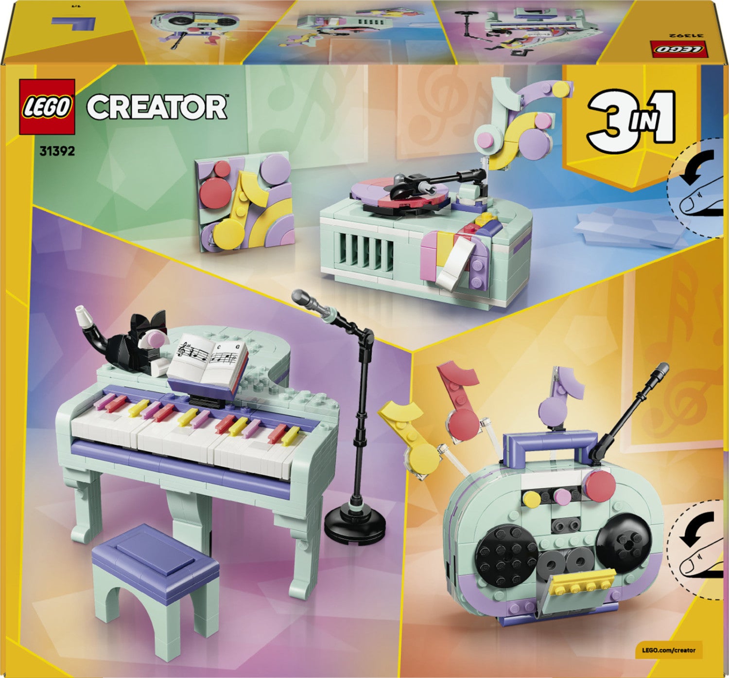 LEGO Creator 31392 3in1: Pianoforte Decorativo con Gatto, Giocattolo Retrò Trasformabile in Radio o Giradischi, Regalo da 9