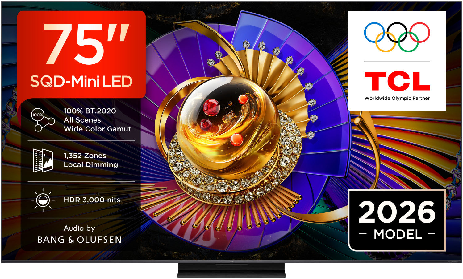 TCL C7L TV 75C7L SQD Mini LED da 75", 4K HDR, 3000 nit, 1.352 zone di dimming, Google TV, 144Hz, Dolby Vision Atmos, Audio Bang Olufsen