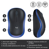 Mouse Logitech M185 Wireless 2,4 GHz con Mini Ricevitore USB 1000 DPI Ambidestro Nero Blu