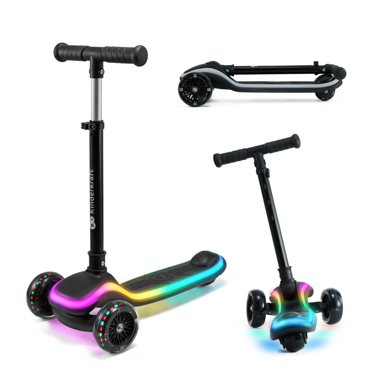 Kk Kinderkraft Raket Monopattino Bambini 3 Ruote Con Luci Led Rgb, Pieghevole, Manubrio Regolabile, 2 Anni, Nero