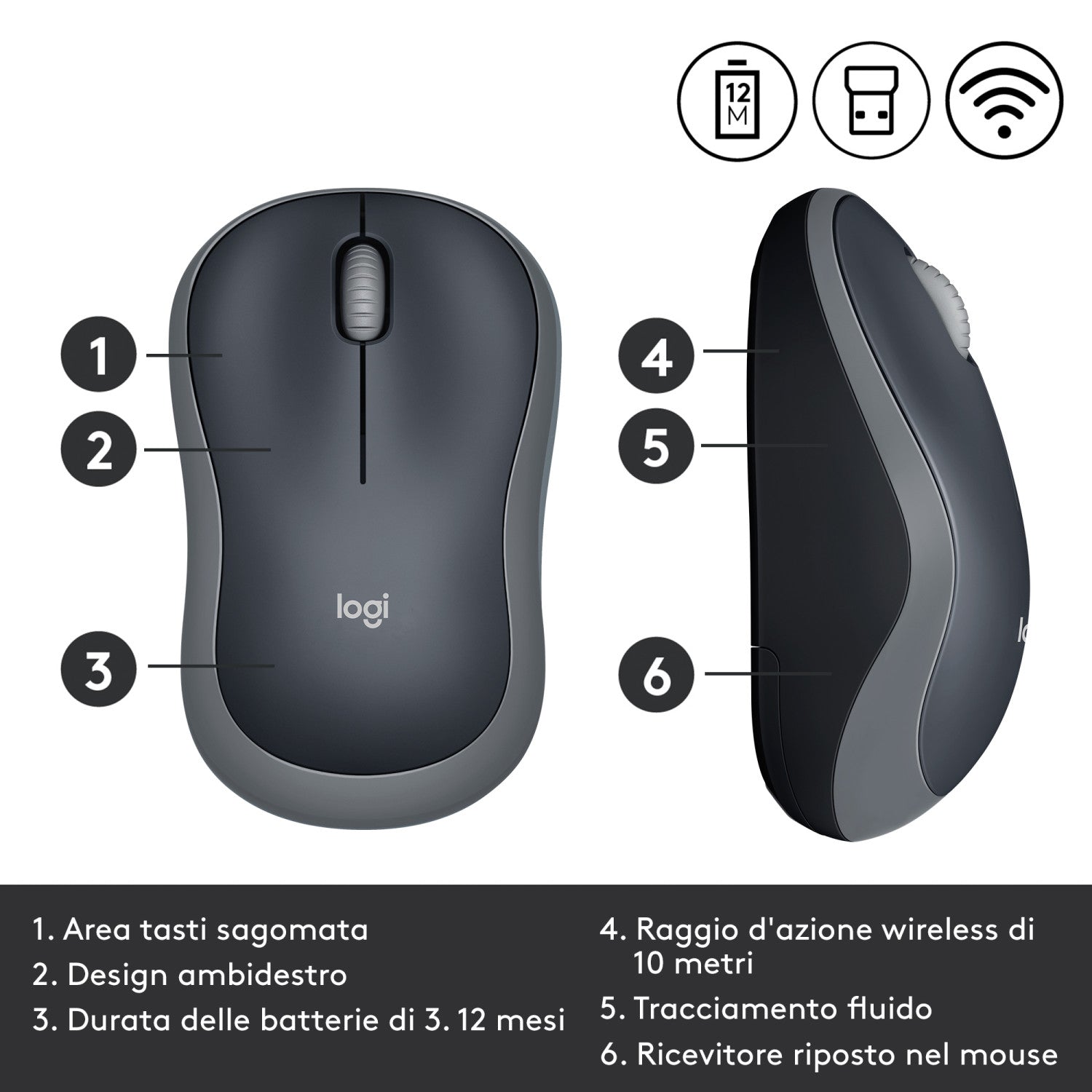 Logitech 910 002235 Mouse Wireless Ottico M185 Grigio Nero