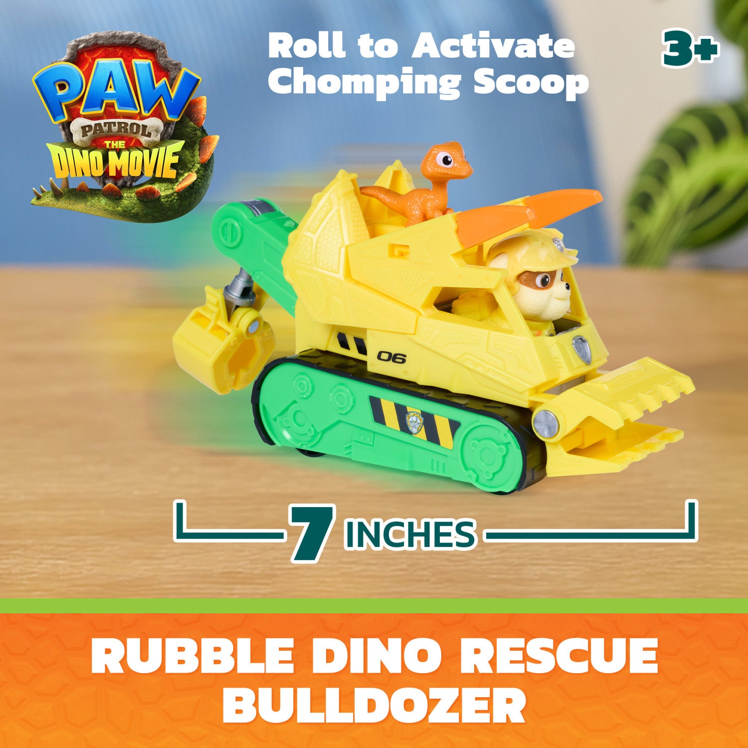 PAW Patrol : The Dino Movie, Rubble Dino Rescue Bulldozer con azione triturante e tenaglia articolata, 2 action figure e un veicolo, giocattoli per bambine e bambini dai 3 anni in su