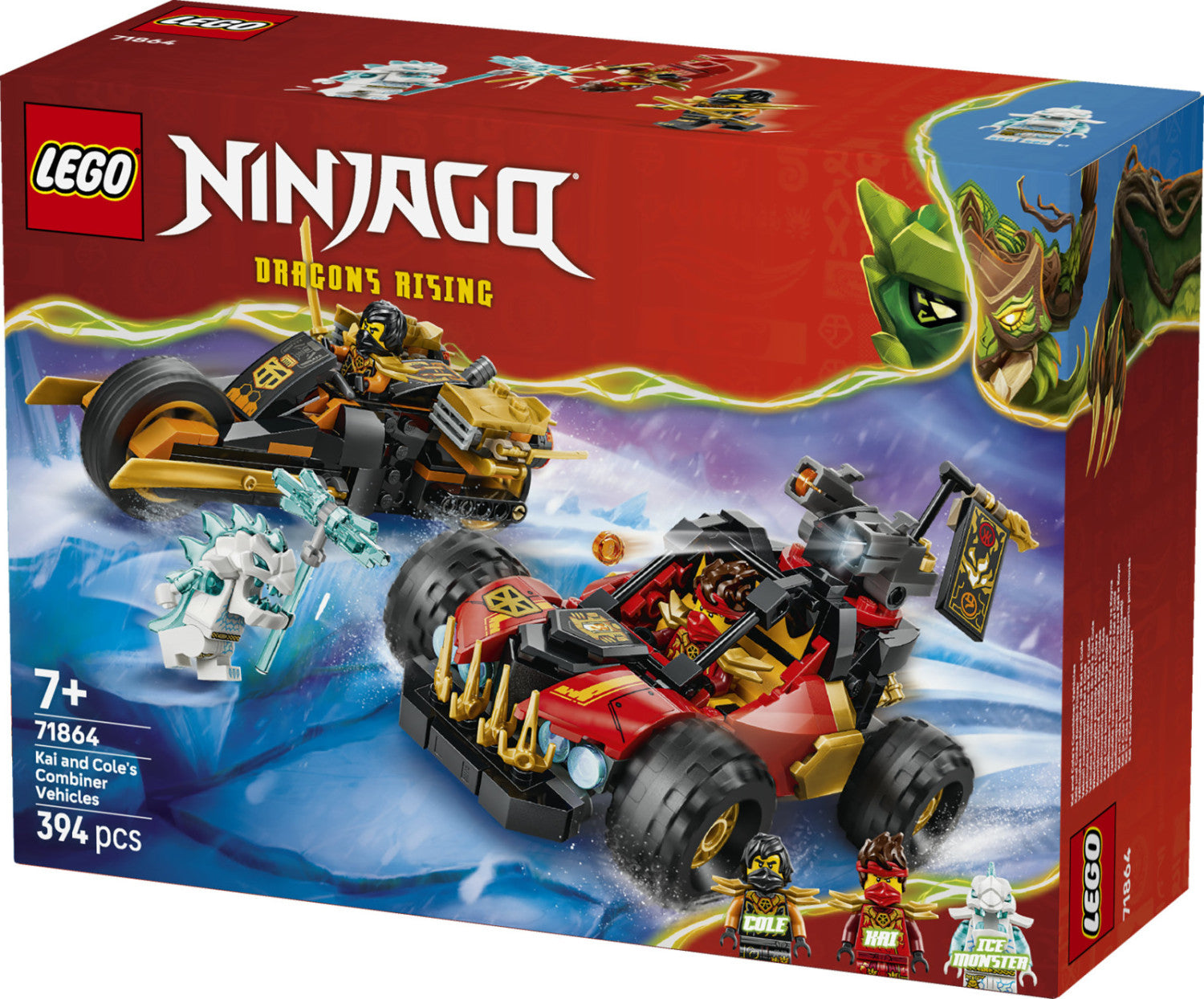LEGO Ninjago 71864 Veicoli Combinanti di Kai e Cole, con Macchina e Moto Giocattolo e 3 Minifigure, Regalo per Bambini da 7