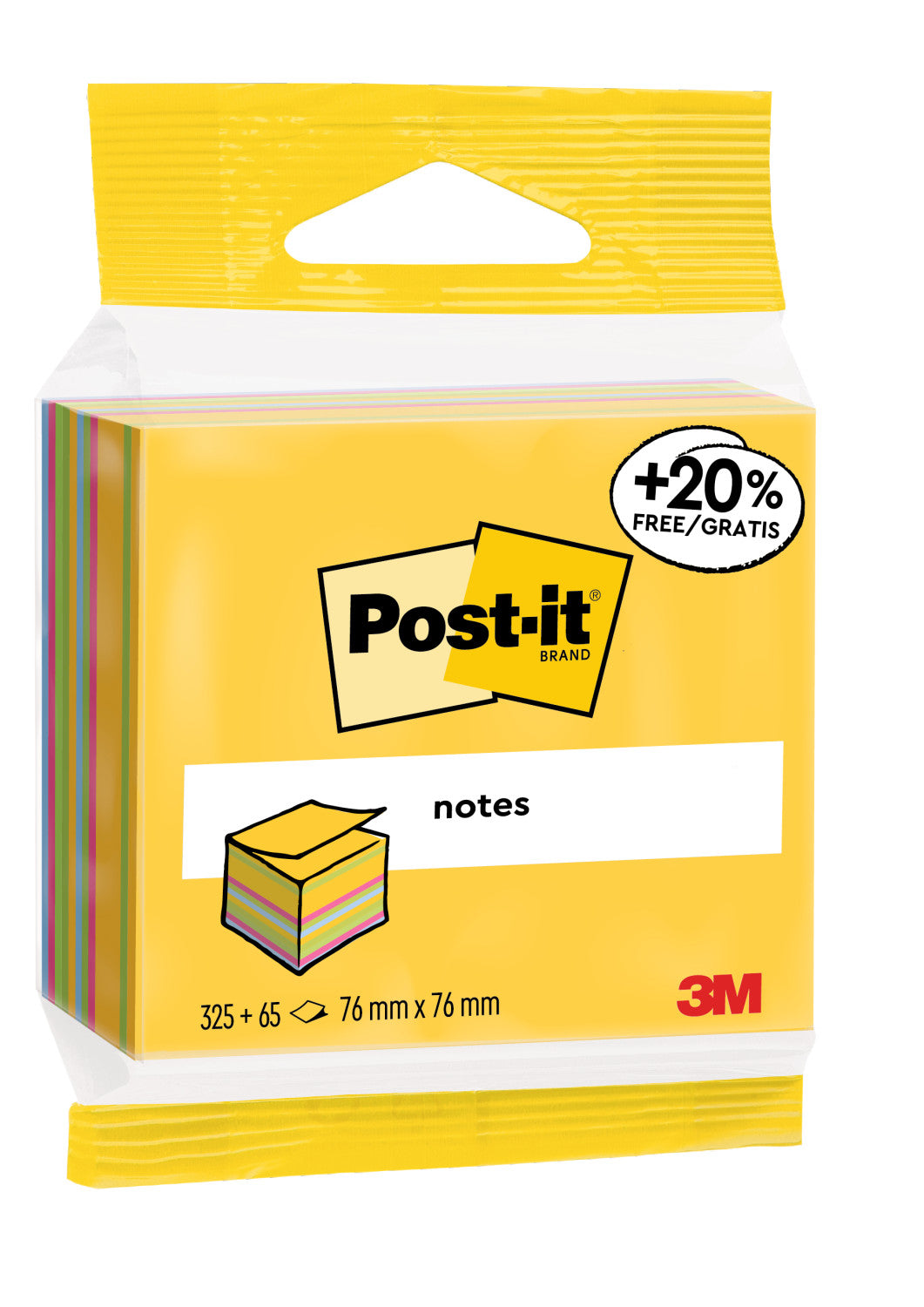Post-It Cubo di foglietti, 76 mm x 76 mm, colori Neon - 325 fogli 20 gratis
