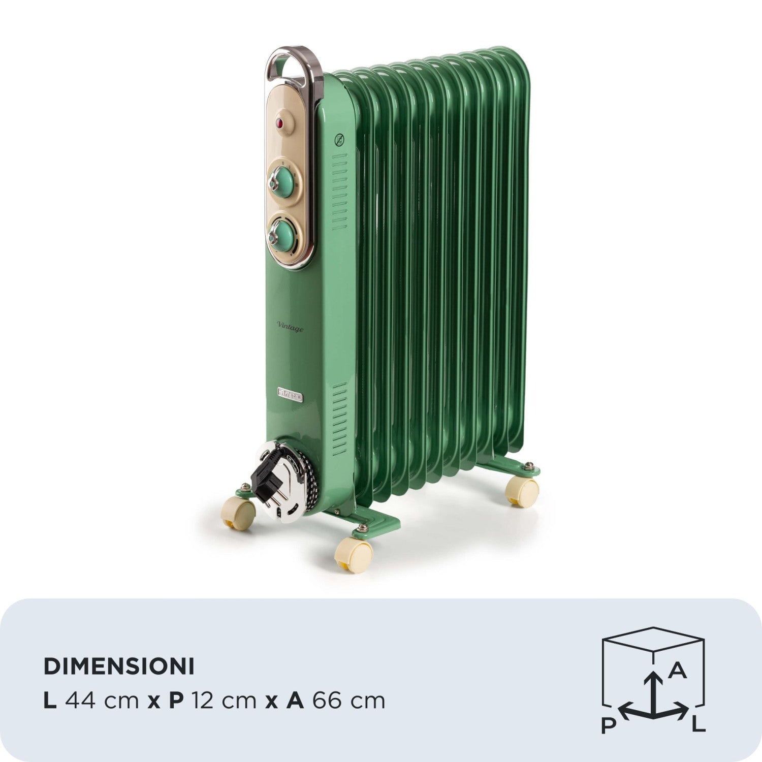Ariete Linea Vintage 8252 Radiatore a olio Vintage, 11 elementi riscaldanti, 2500W, 3 livelli di potenza, Maniglia e ruote per facile trasporto, Verde