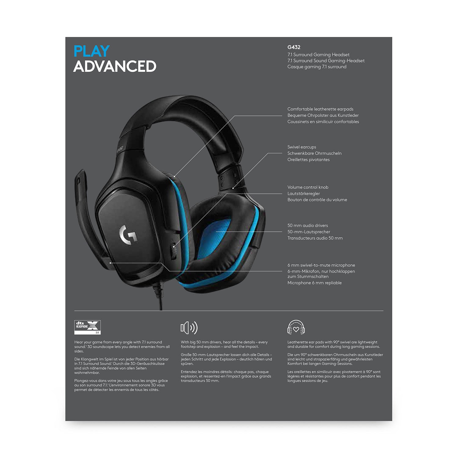 Logitech G G432 Cuffie a Padiglione Cablato da Gaming Nero Blu