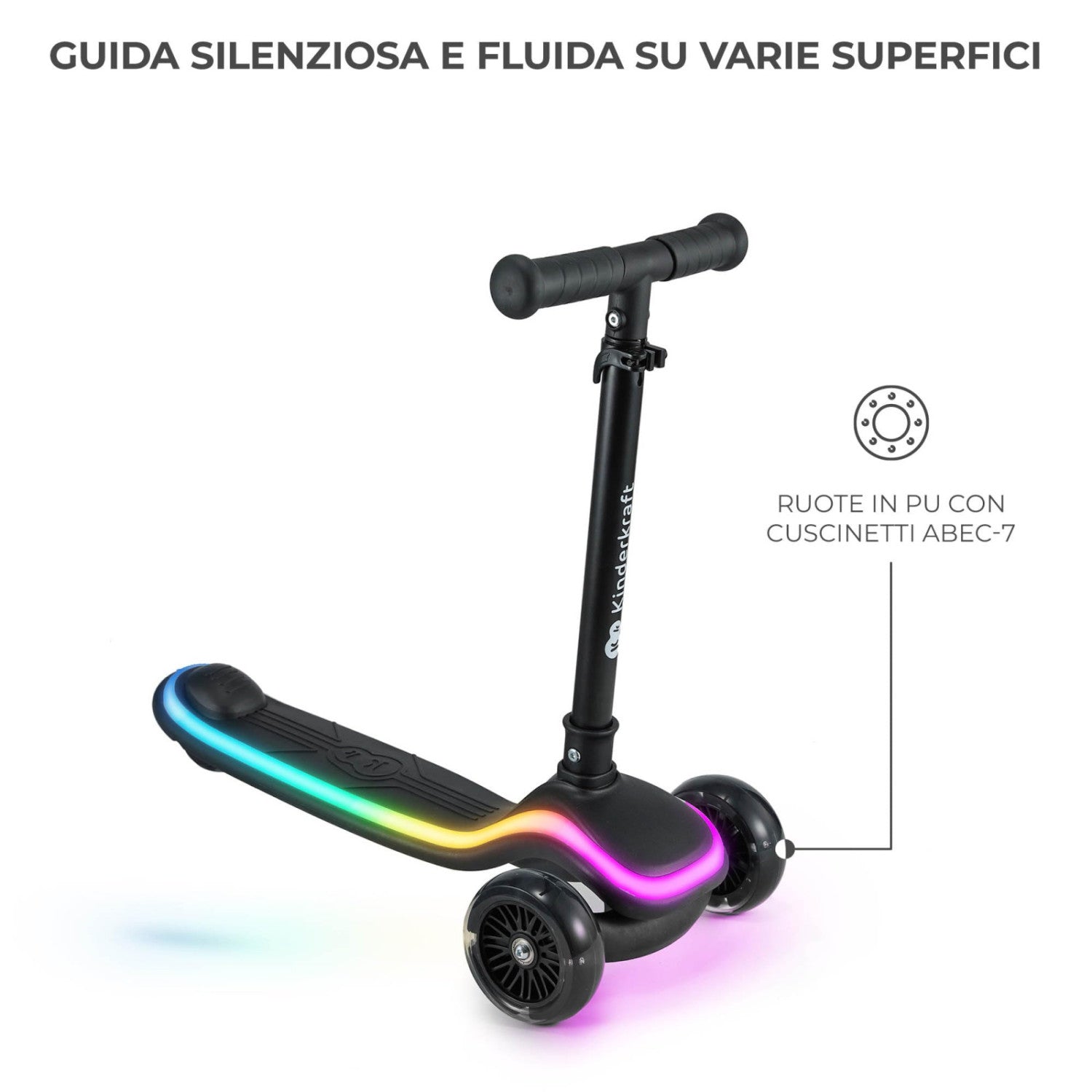 Kk Kinderkraft Raket Monopattino Bambini 3 Ruote Con Luci Led Rgb, Pieghevole, Manubrio Regolabile, 2 Anni, Nero