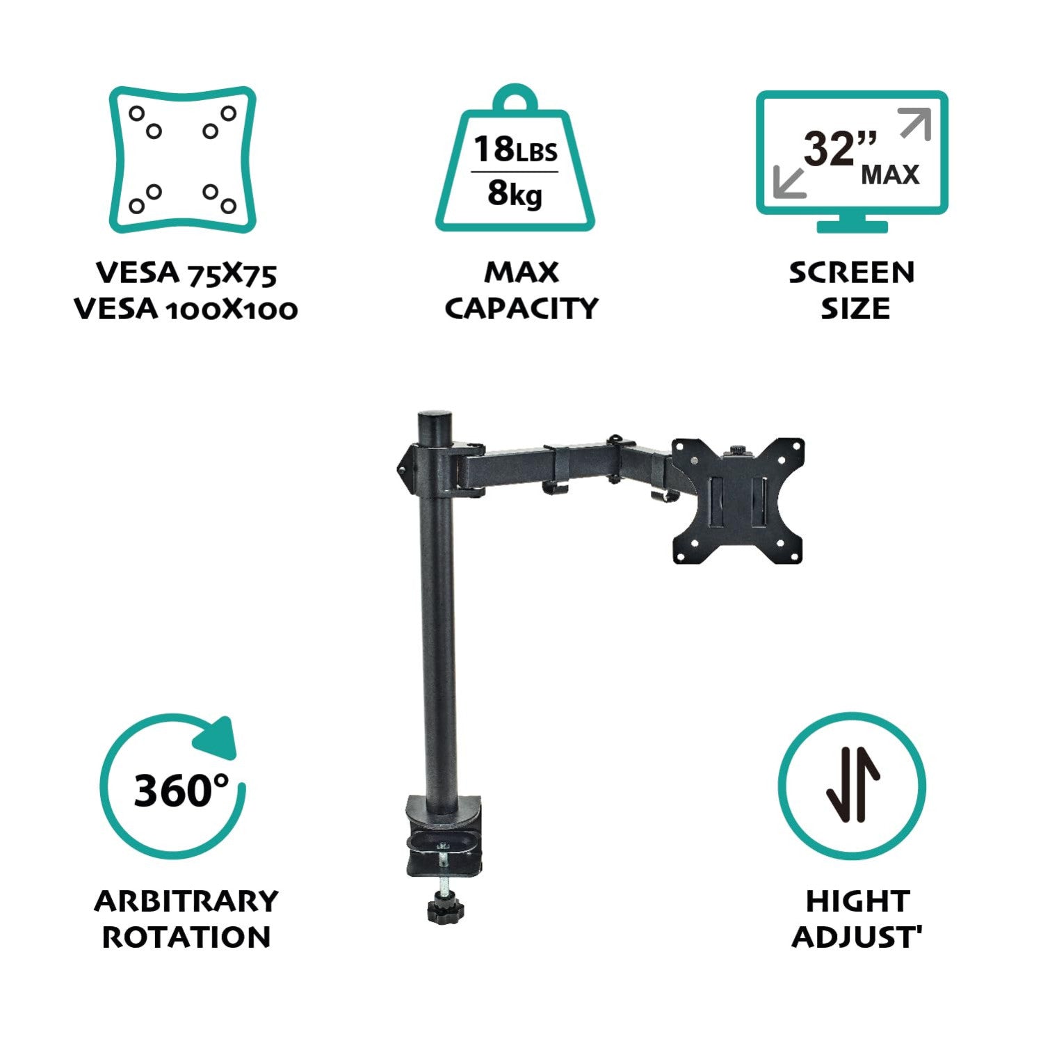 Overmust Braccio Singolo Per Monitor 13-32", Regolabile In Altezza 410mm, Capacità 10 Kg, Estensione 460mm, Vesa 75x75/100x100, Nero