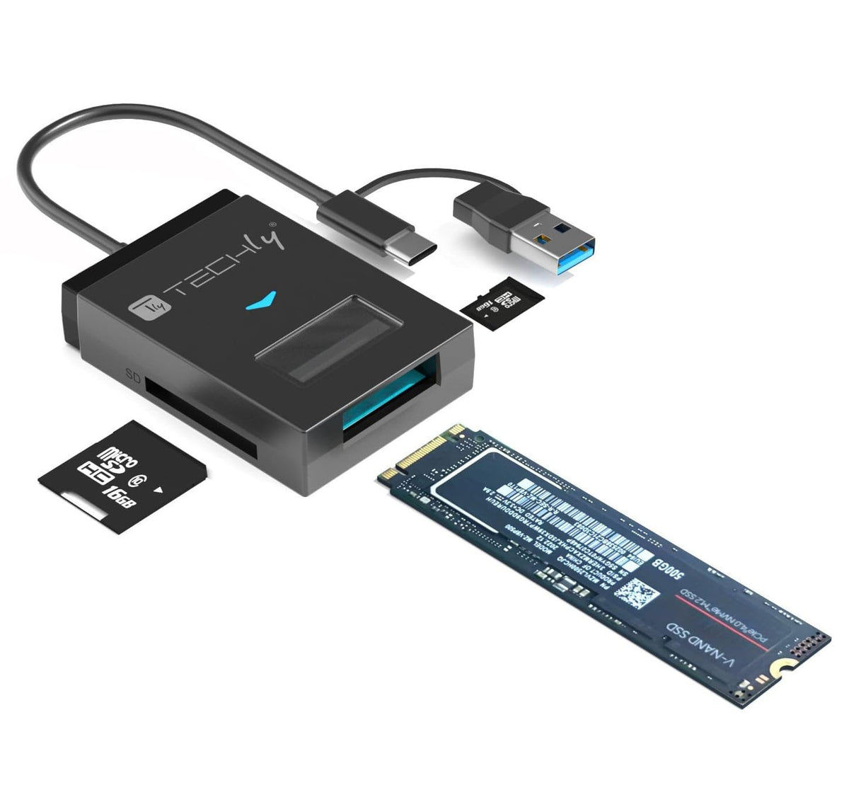 Techly Adattatore USB-A/USB-C a NVMe/SATA M.2 con Lettore Memorie SD/TF Nero